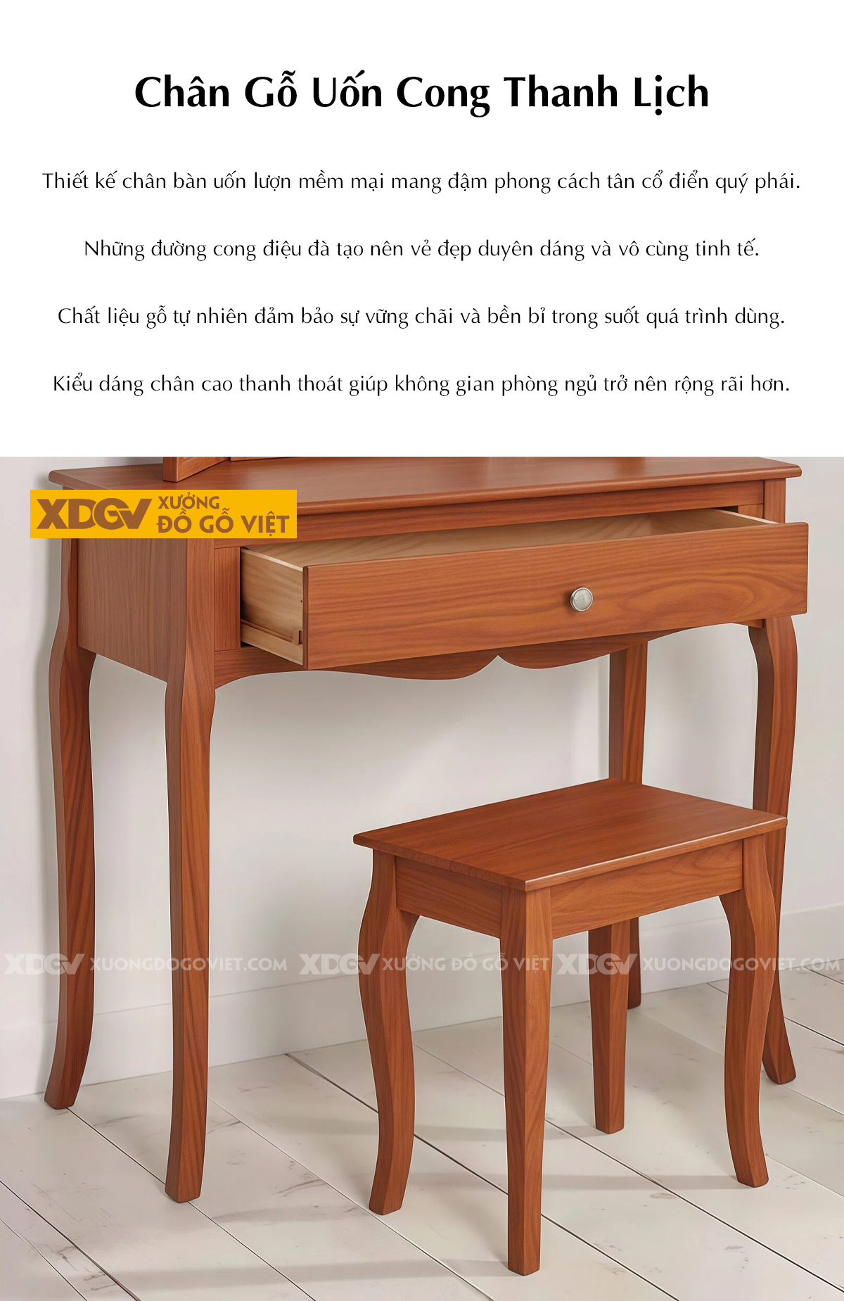 Bàn Trang Điểm Phòng Ngủ Gỗ Gõ Đỏ Chân Tấm Phối Gương Lớn