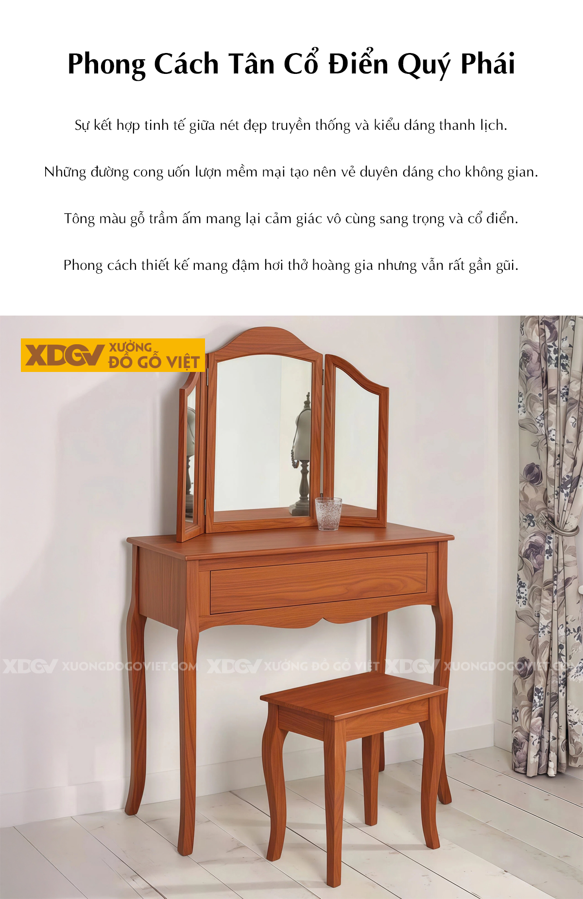 Bàn Trang Điểm Phòng Ngủ Gỗ Gõ Đỏ Chân Tấm Phối Gương Lớn