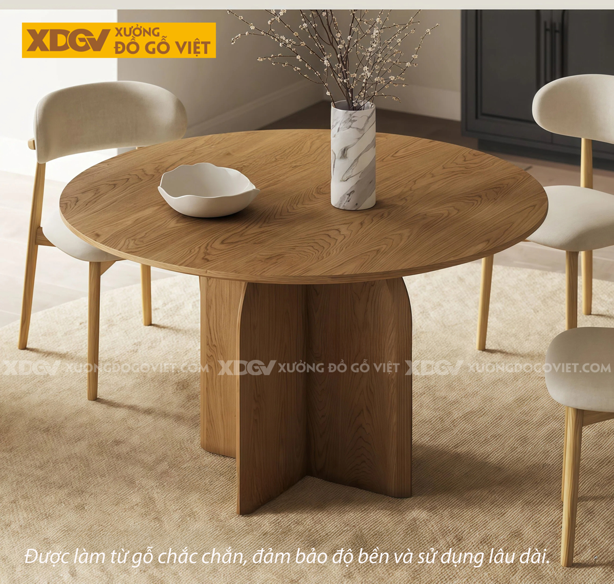 Bàn Tròn Hiện Đại Gỗ Sồi Mỹ Cấu Trúc Chân Chéo Chữ X Độc Đáo