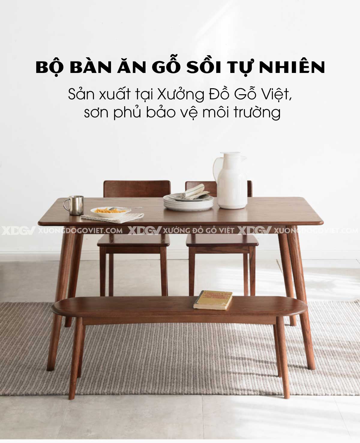 Bộ Bàn 4 Ghế Ăn Gỗ Sồi Japandi Tối Giản Chân Côn Thanh Lịch