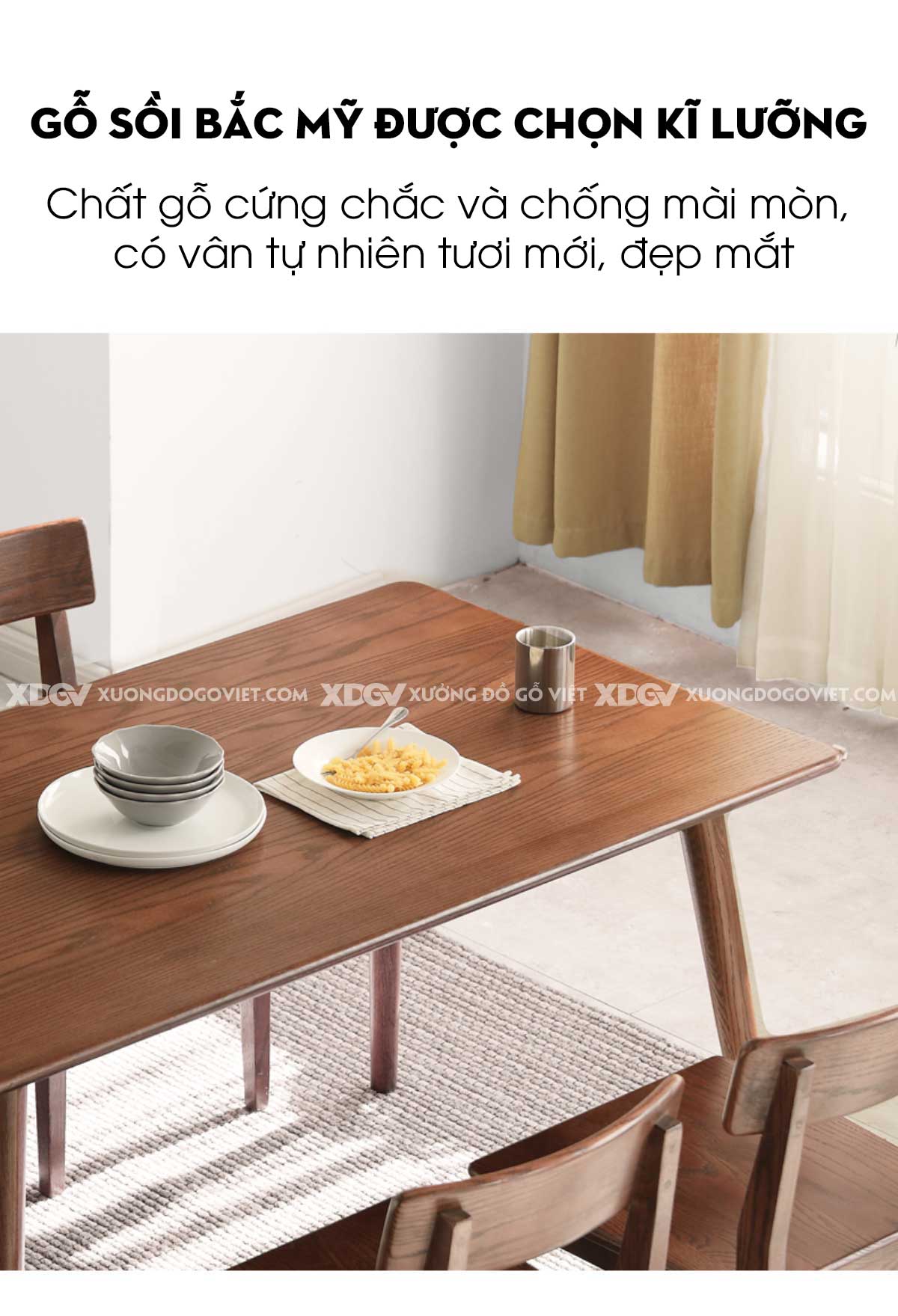 Bộ Bàn 4 Ghế Ăn Gỗ Sồi Japandi Tối Giản Chân Côn Thanh Lịch