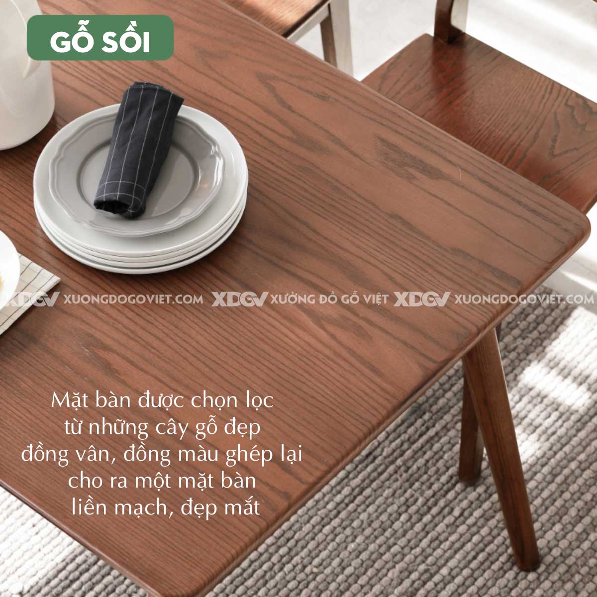 Bộ Bàn 4 Ghế Ăn Gỗ Sồi Japandi Tối Giản Chân Côn Thanh Lịch