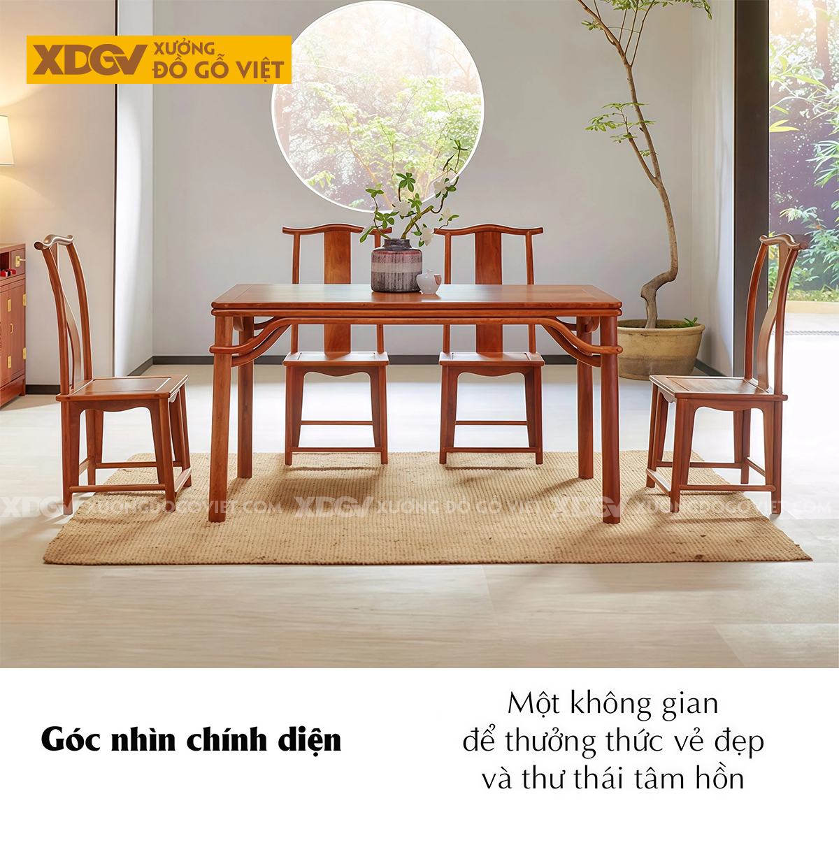 Bộ Bàn Ăn 6 Ghế Gỗ Gõ Đỏ Á Đông Hệ Quây Chân Bàn Thắt Eo