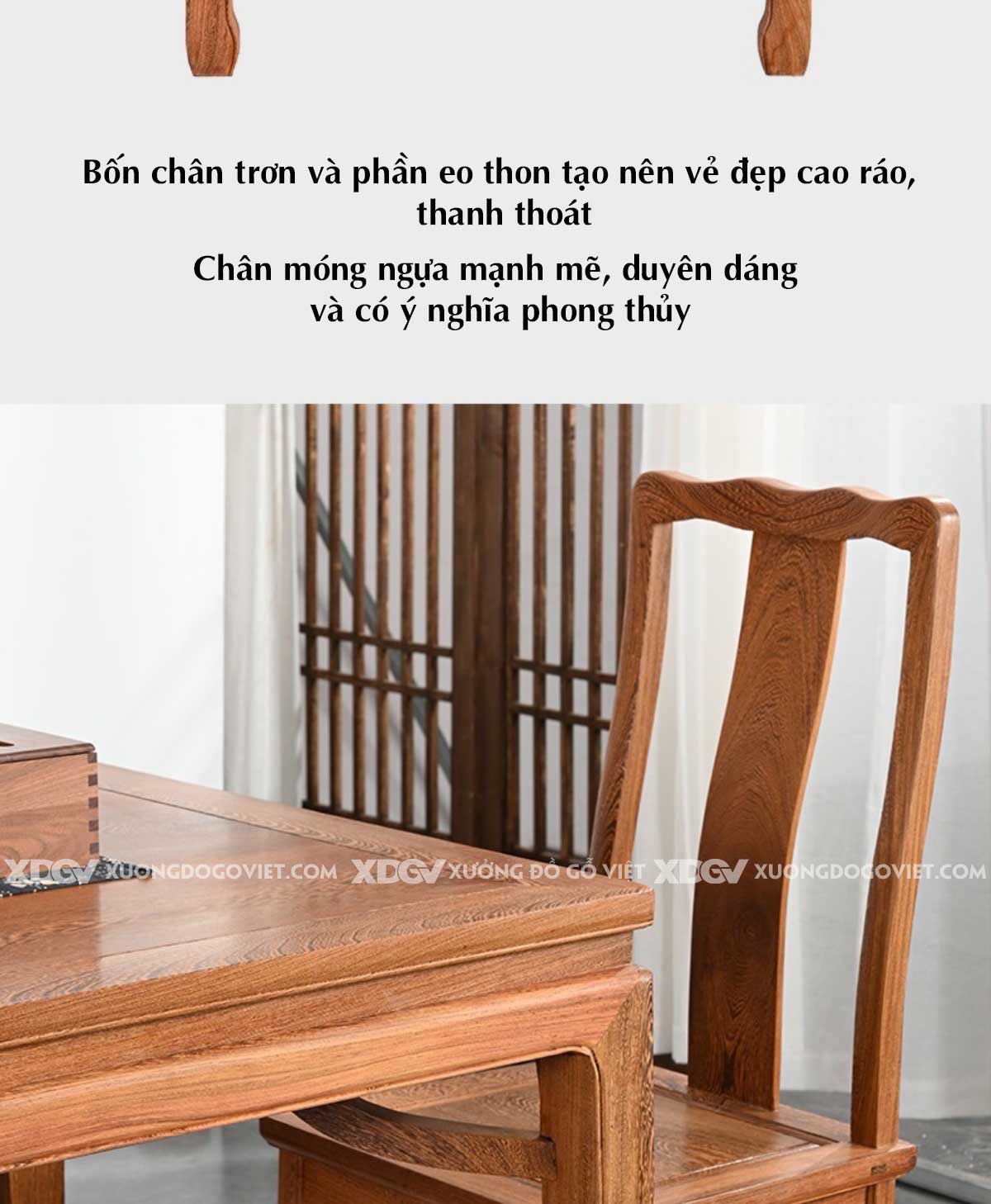 Bộ Bàn Ăn 6 Ghế Gỗ Gõ Đỏ Á Đông Tối Giản Chân Móng Ngựa