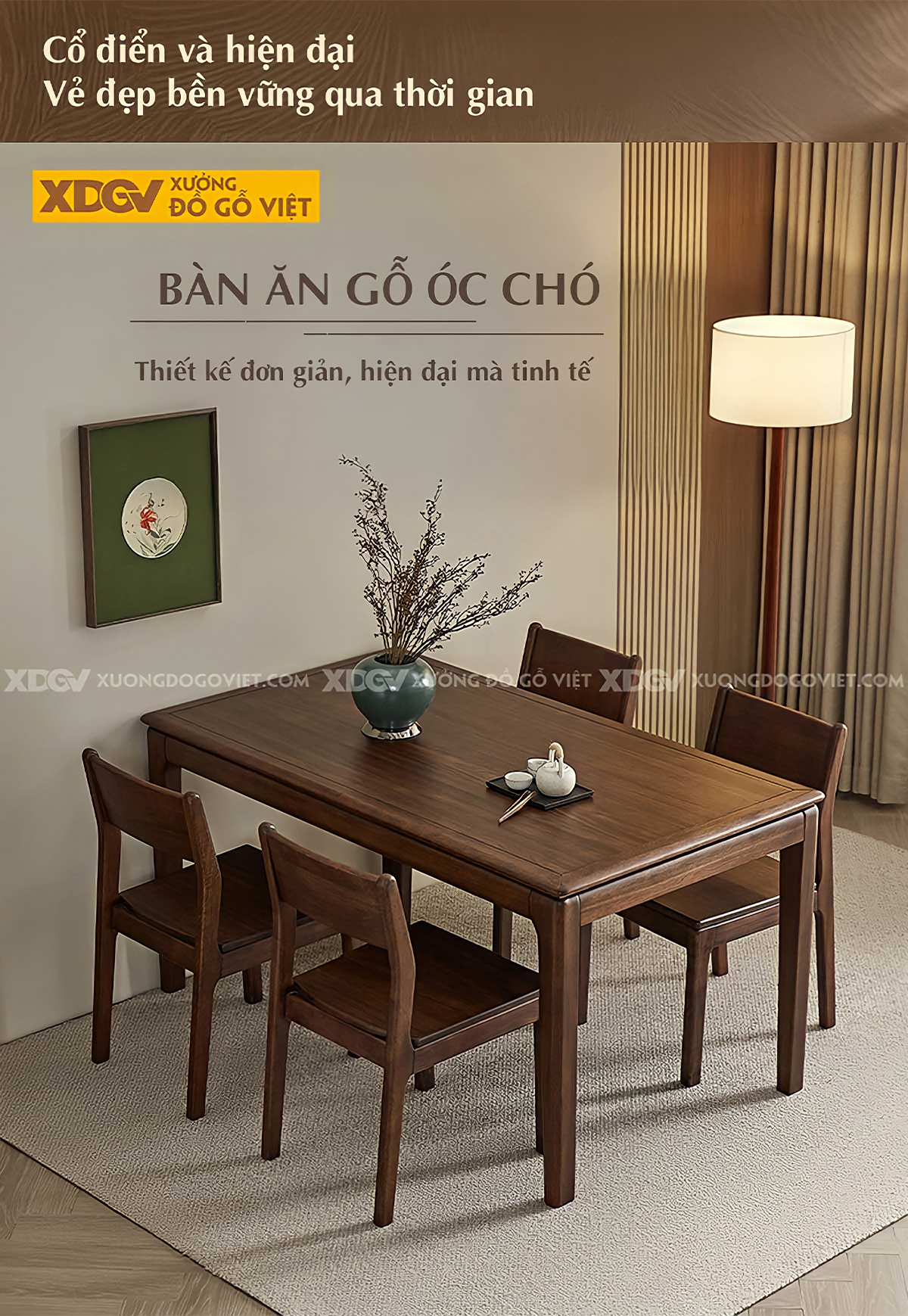 Bộ Bàn Ăn 6 Ghế Gỗ Óc Chó Hiện Đại Cổ Điển Kết Cấu Liền Mạch