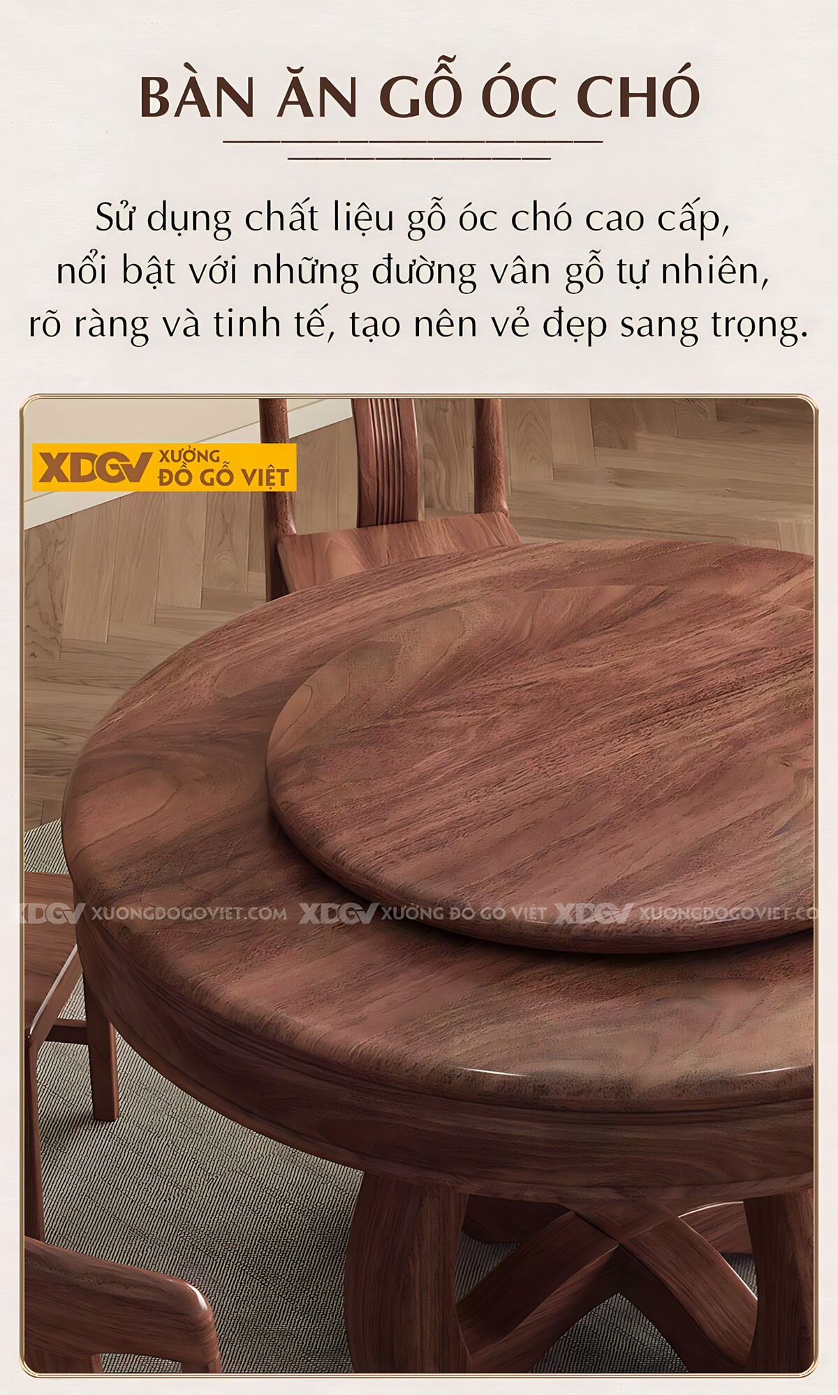 Bộ Bàn Ăn 6 Ghế Gỗ Óc Chó Tân Cổ Điển Chân Trụ Có Mâm Xoay