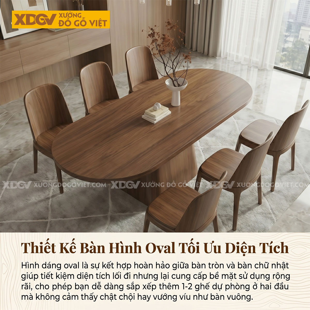 Bộ Bàn Ăn 6 Ghế Gỗ Sồi Chân Hình Chóp Nón Dày Vững Chắc