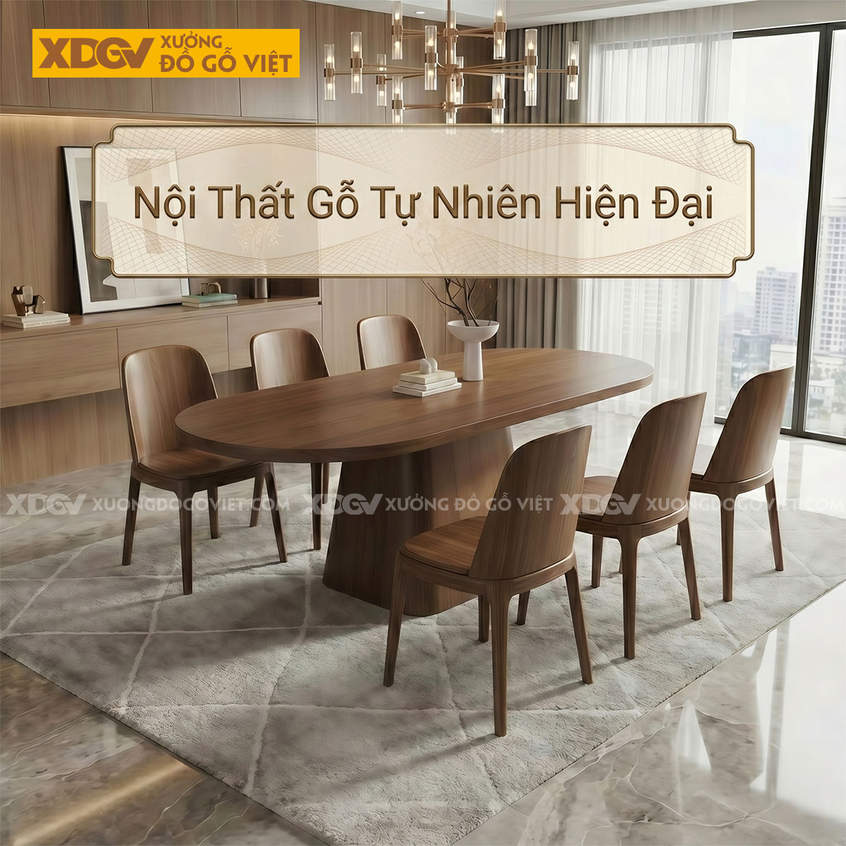 Bộ Bàn Ăn 6 Ghế Gỗ Sồi Chân Hình Chóp Nón Dày Vững Chắc
