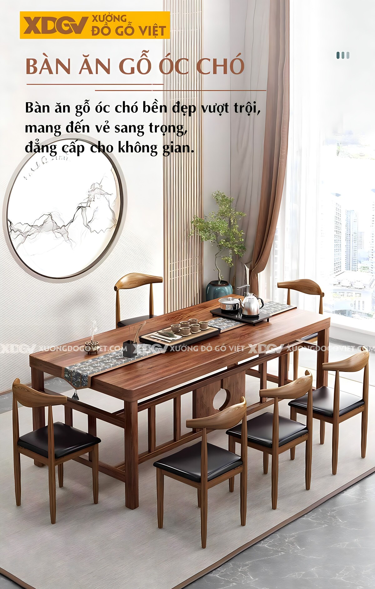 Bộ Bàn Ăn 8 Ghế Gỗ Óc Chó Tân Cổ Điển Chân Giàn Độc Đáo