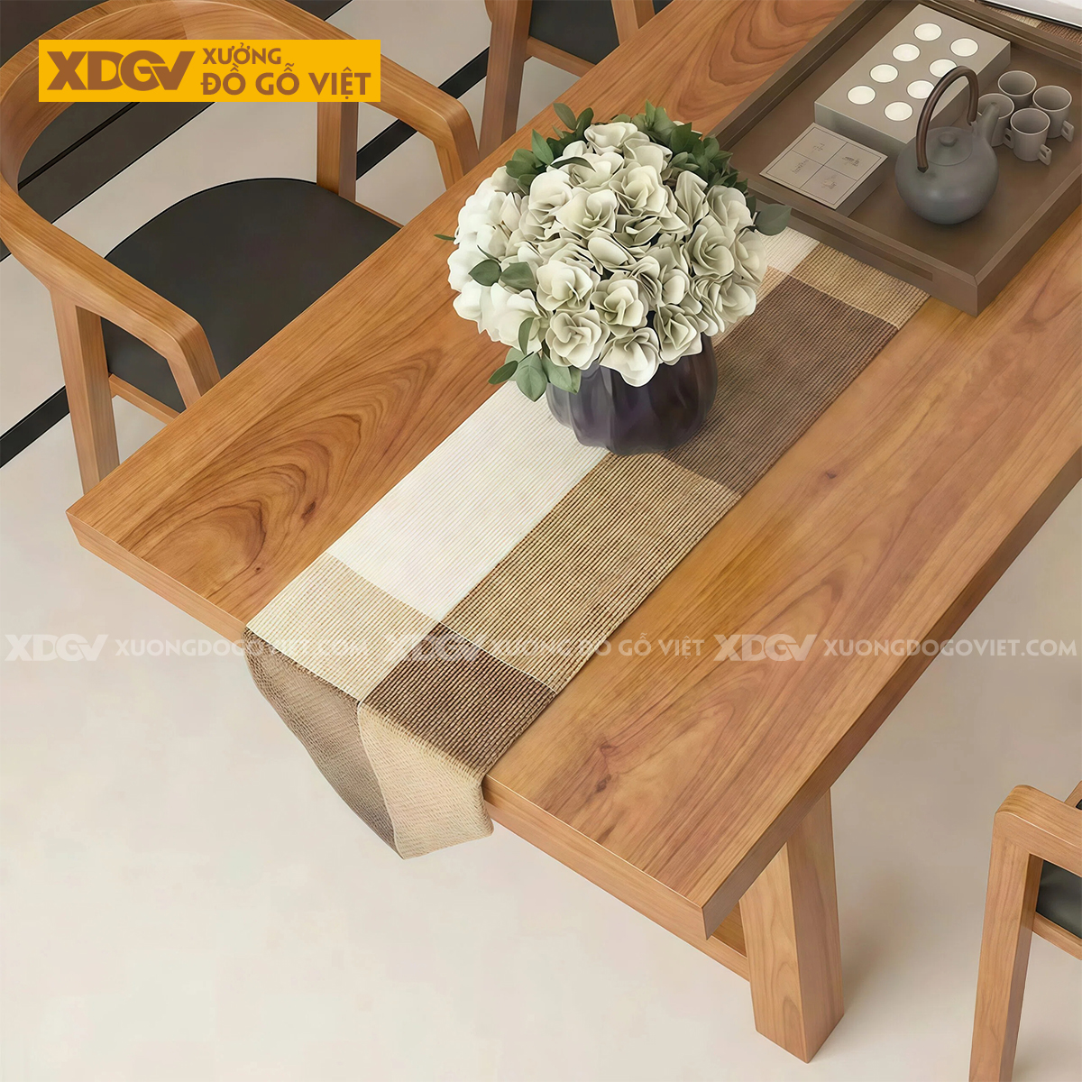 Bộ Bàn Ăn Gõ Đỏ 4 Ghế Lưng Bo Cong Chuẩn Bắc Âu Hiện Đại