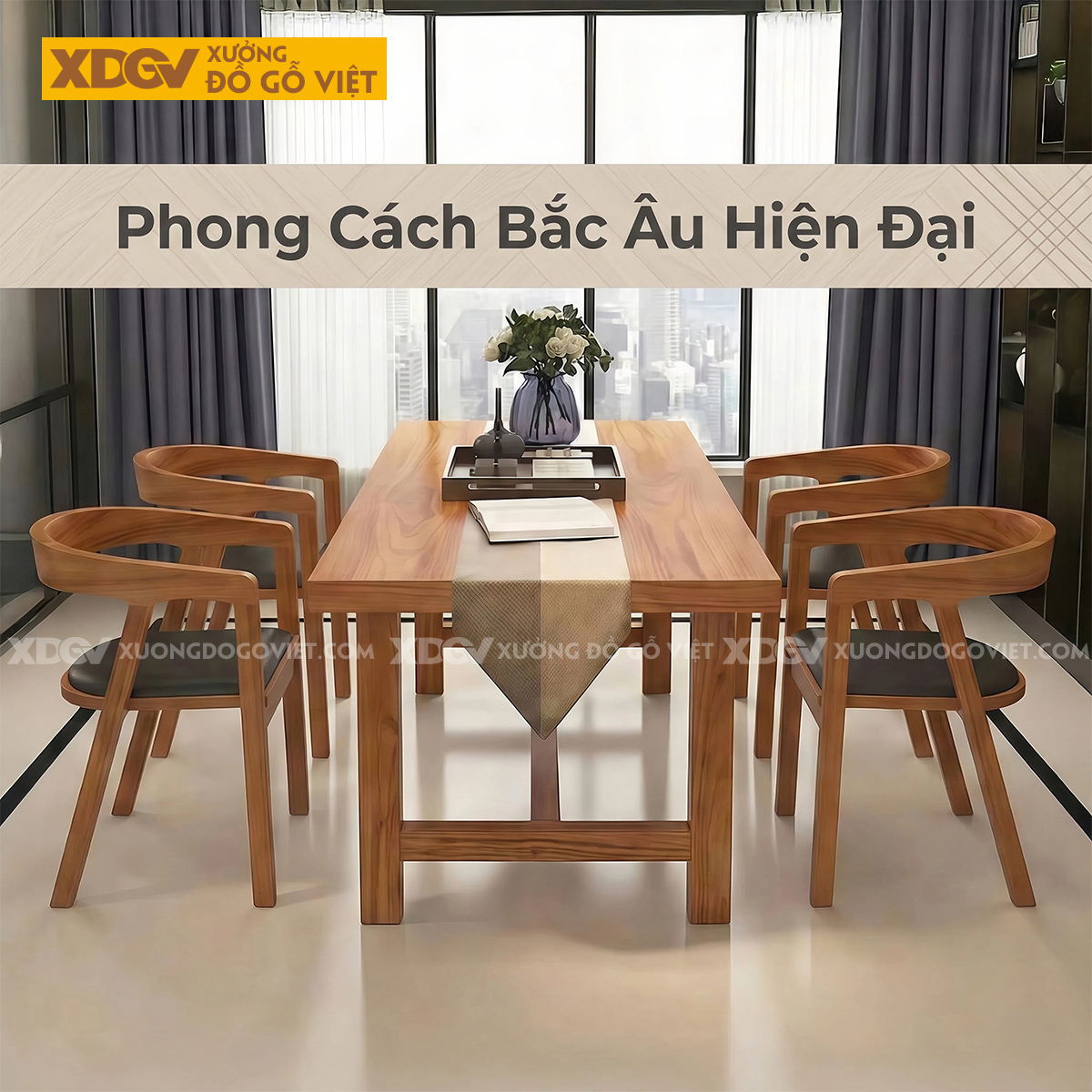 Bộ Bàn Ăn Gõ Đỏ 4 Ghế Lưng Bo Cong Chuẩn Bắc Âu Hiện Đại