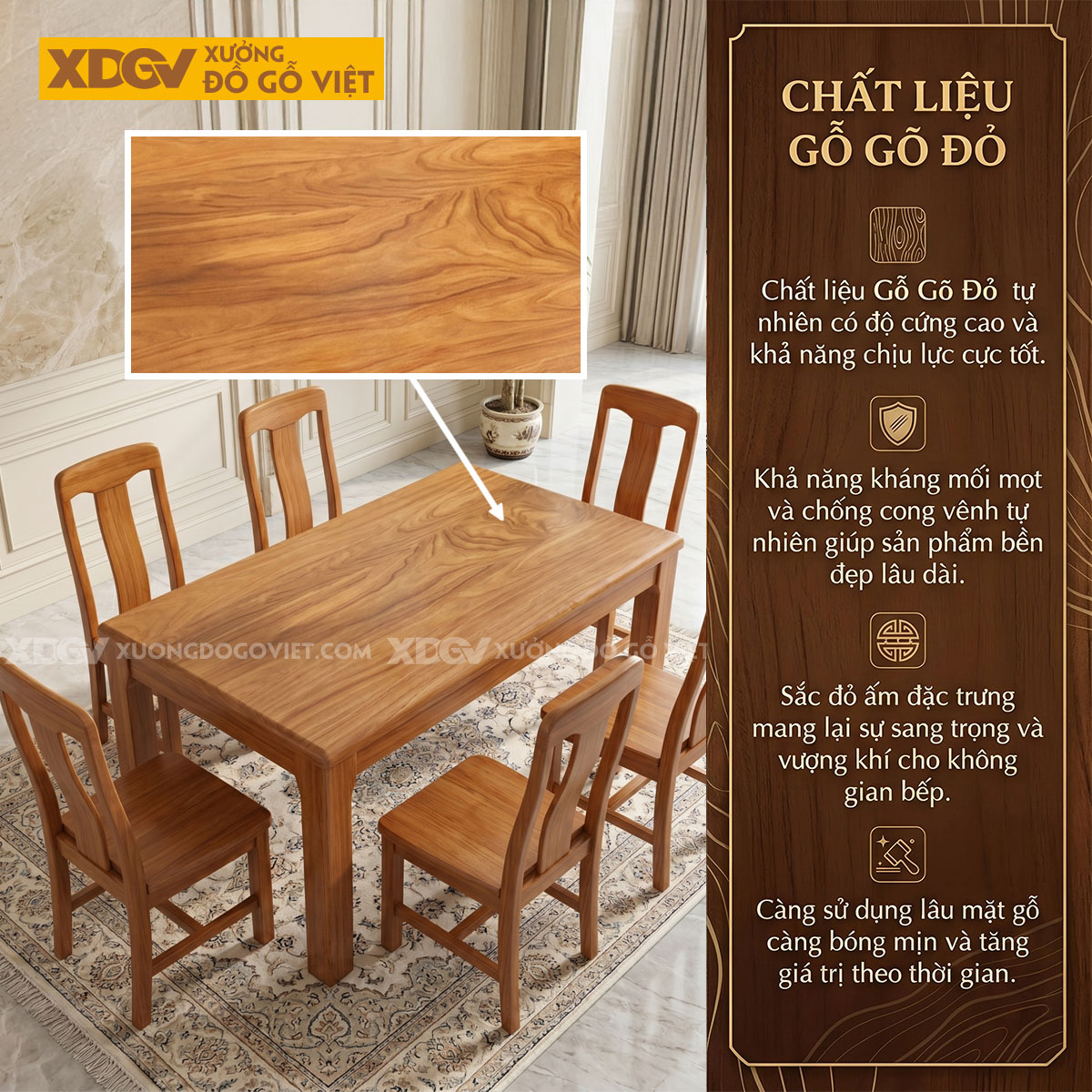 Bộ Bàn Ăn Gõ Đỏ 6 Ghế Phong Cách Á Đông Hiện Đại