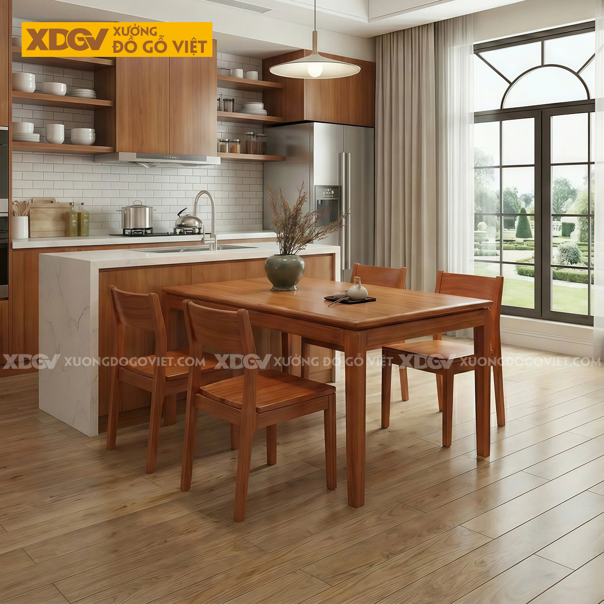 Bộ Bàn Ăn Gỗ Gõ Đỏ 4 Ghế Thiết Kế Đơn Giản Cho Gia Đình