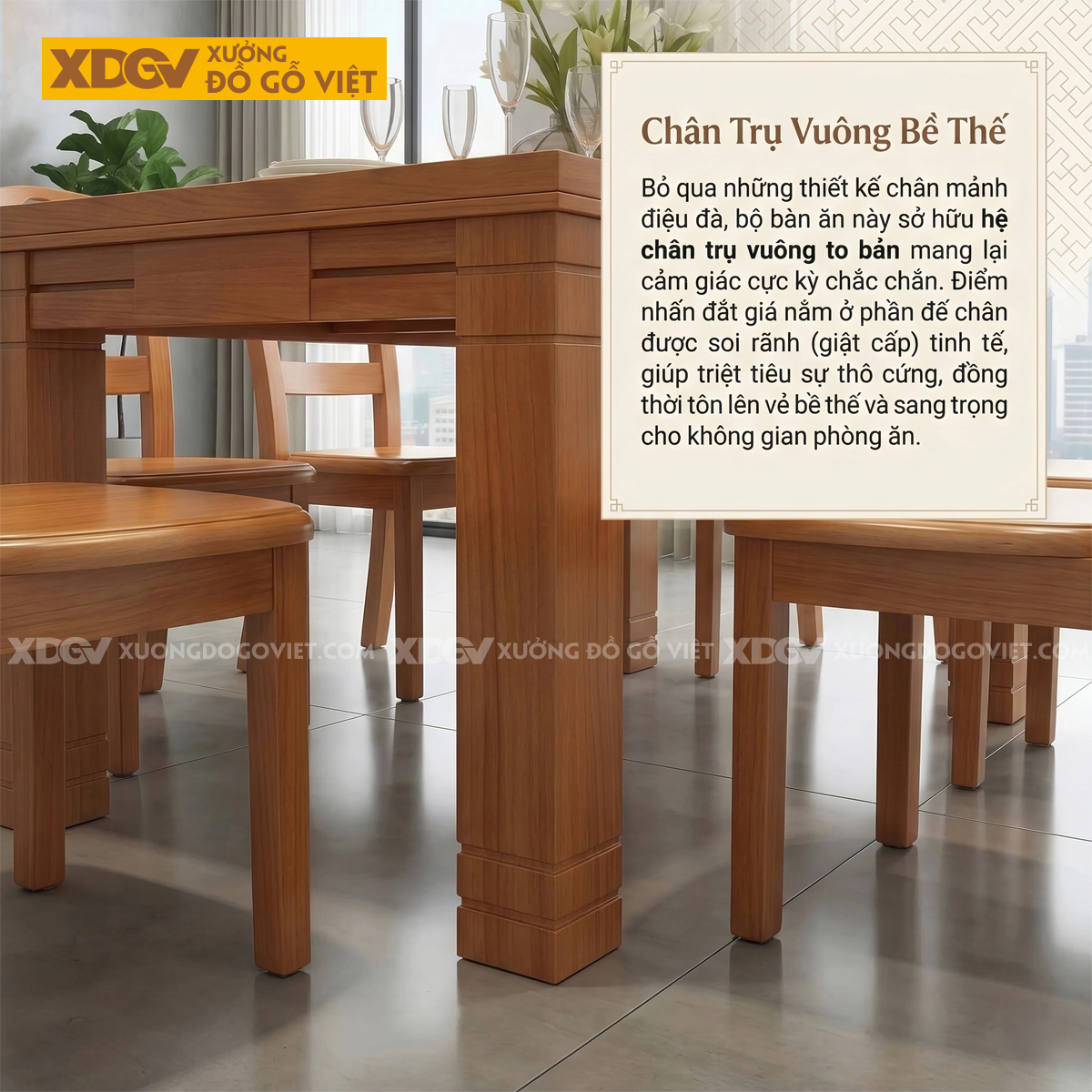 Bộ Bàn Ăn Gỗ Gõ Đỏ 6 Ghế Thiết Kế Chân Trụ To Vững Chắc