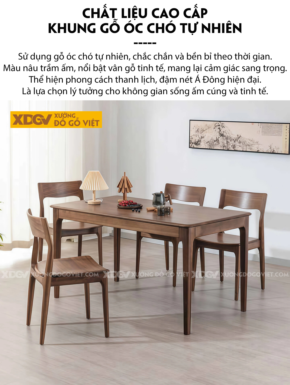 Bộ Bàn Ăn Gỗ Óc Chó 4 Ghế Hiện Đại Thiết Kế Bo Cong Ôm Trọn