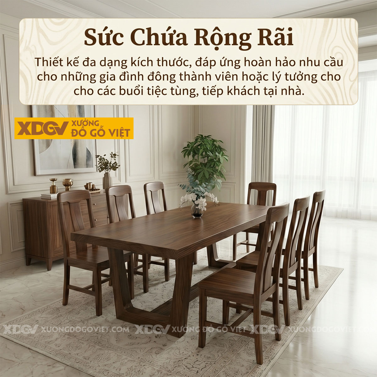 Bộ Bàn Ăn Gỗ Óc Chó 6 Ghế Chân Hình Thang Ngược Vững Chãi