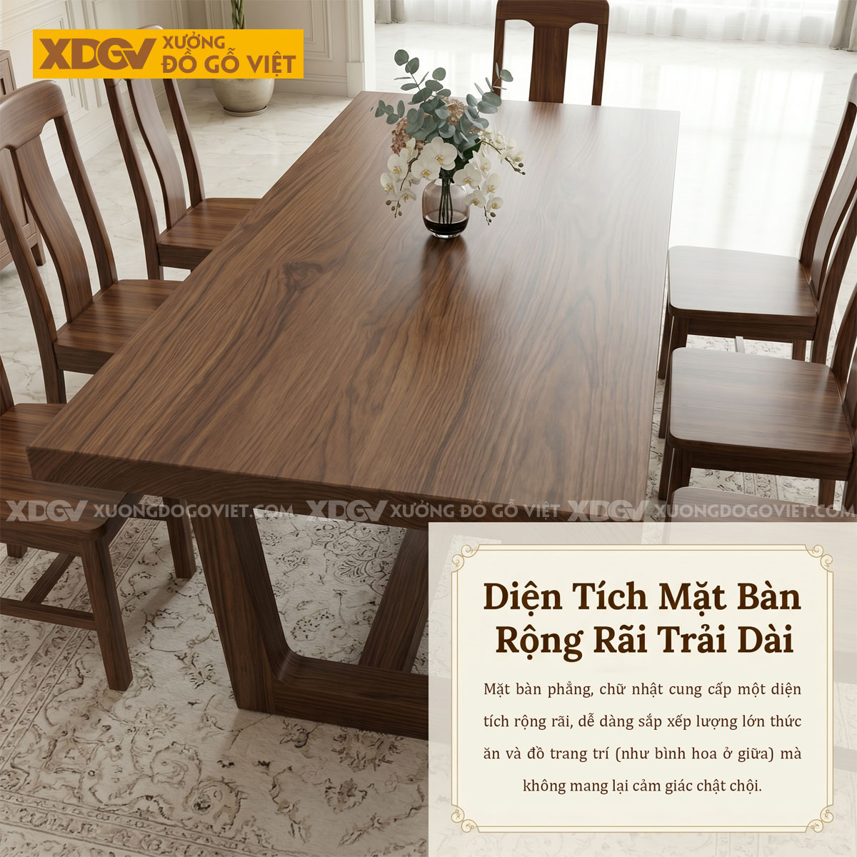 Bộ Bàn Ăn Gỗ Óc Chó 6 Ghế Chân Hình Thang Ngược Vững Chãi