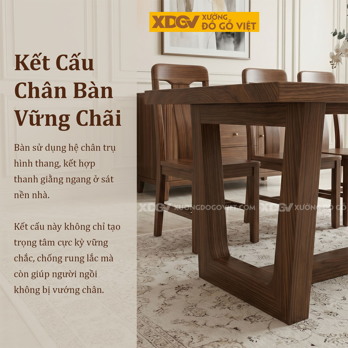 Bộ Bàn Ăn Gỗ Óc Chó 6 Ghế Chân Hình Thang Ngược Vững Chãi