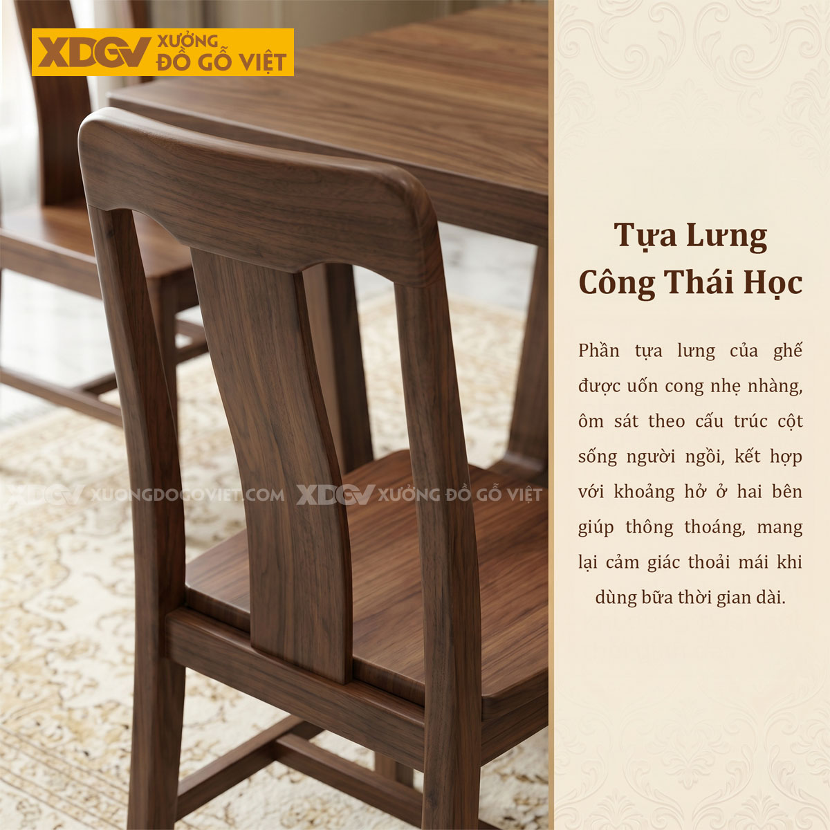 Bộ Bàn Ăn Gỗ Óc Chó 6 Ghế Chân Hình Thang Ngược Vững Chãi