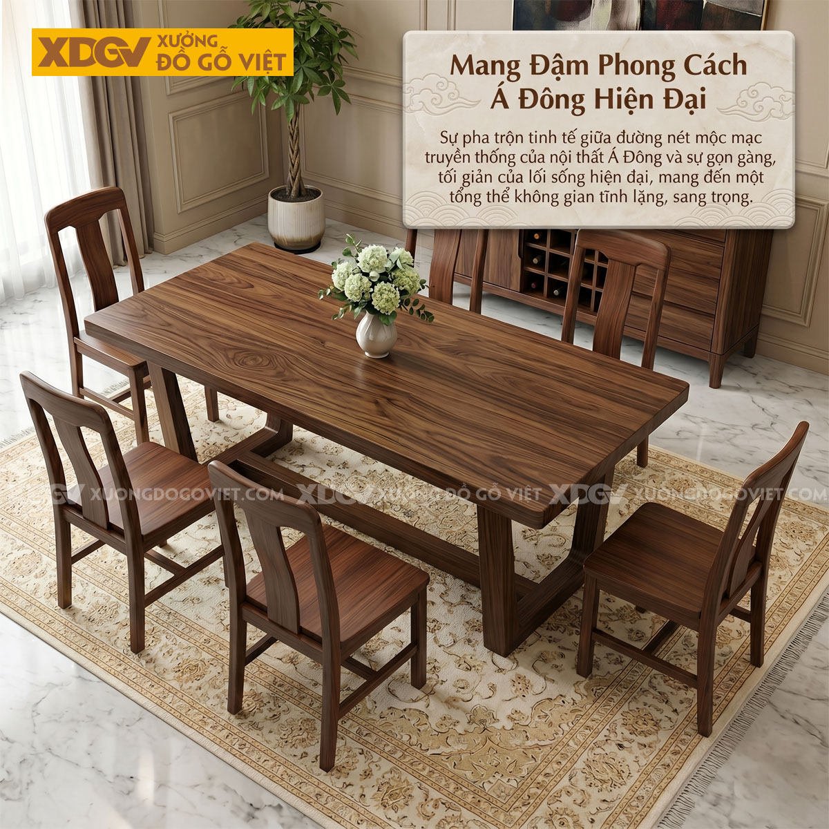 Bộ Bàn Ăn Gỗ Óc Chó 6 Ghế Chân Hình Thang Ngược Vững Chãi