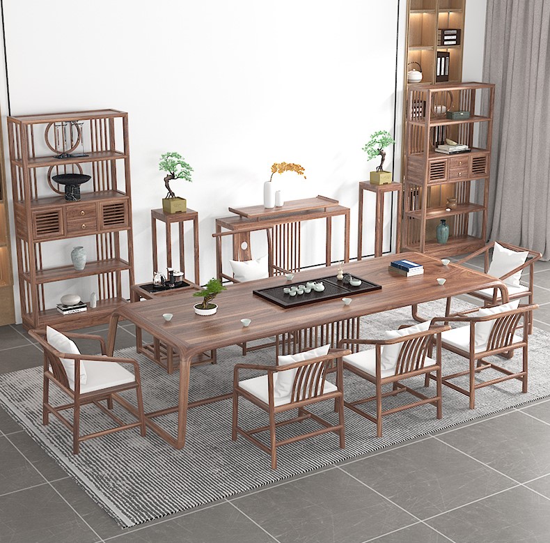 Bộ Bàn Ăn Gỗ Óc Chó 6 Ghế Tân Cổ Điển Á Đông Chân Khung Vòm