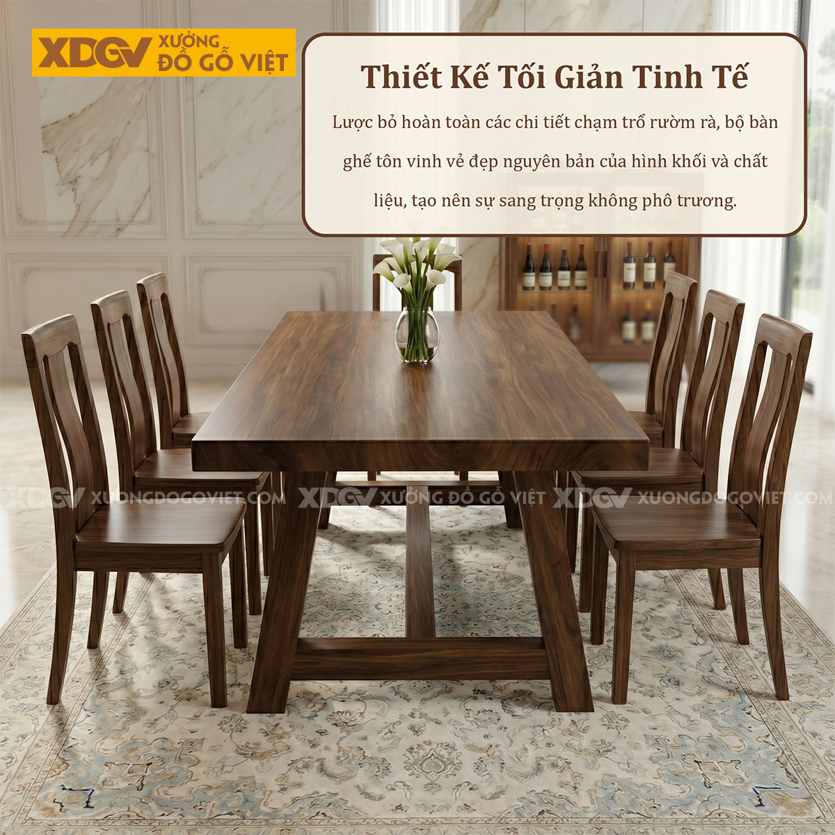 Bộ Bàn Ăn Gỗ Óc Chó Chân Chữ A Vững Chãi Phối Ghế Tựa Êm Ái