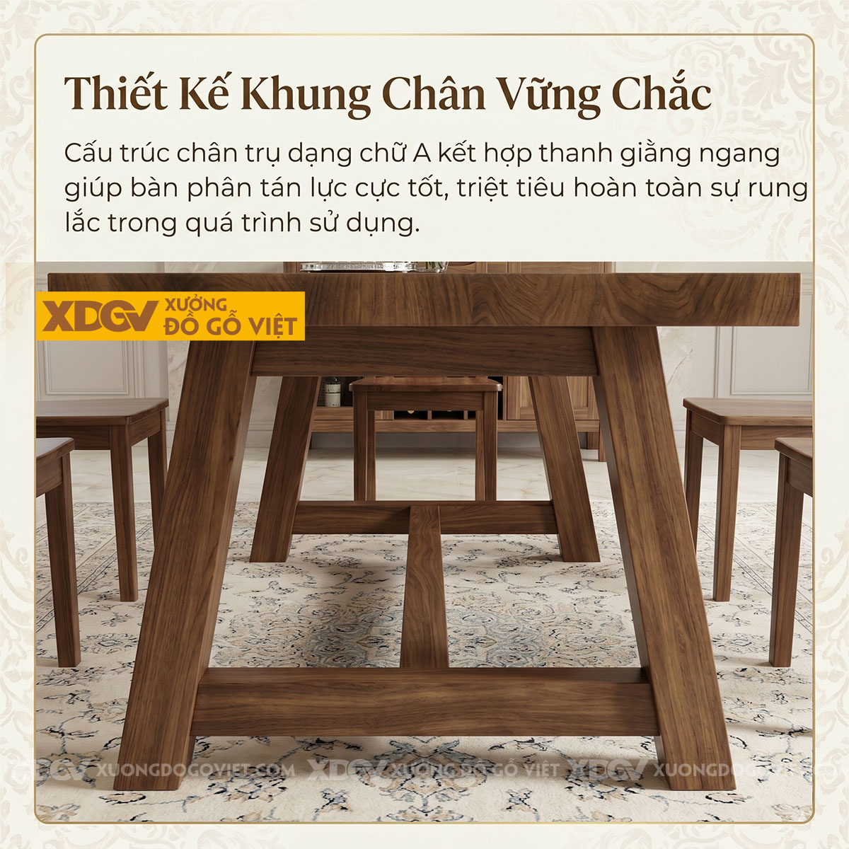 Bộ Bàn Ăn Gỗ Óc Chó Chân Chữ A Vững Chãi Phối Ghế Tựa Êm Ái