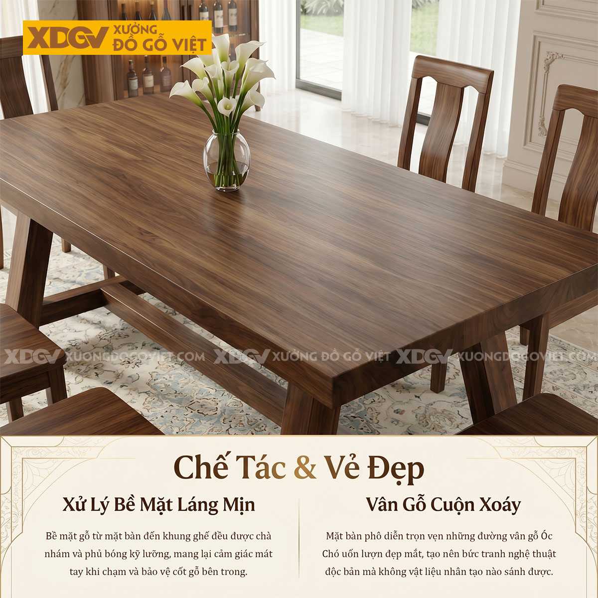 Bộ Bàn Ăn Gỗ Óc Chó Chân Chữ A Vững Chãi Phối Ghế Tựa Êm Ái
