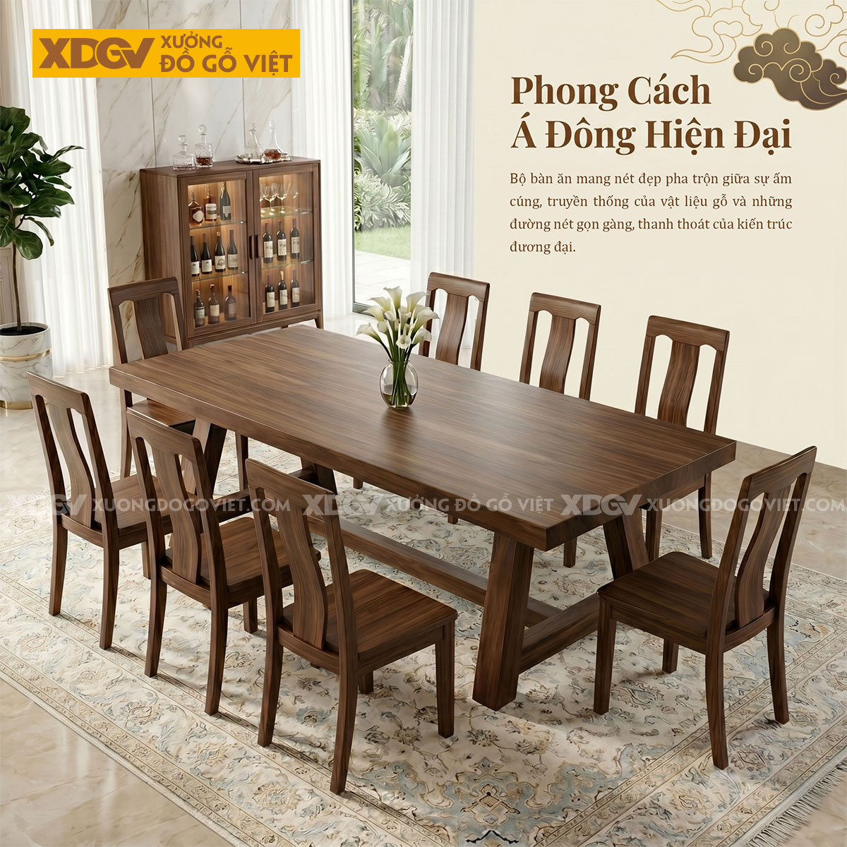 Bộ Bàn Ăn Gỗ Óc Chó Chân Chữ A Vững Chãi Phối Ghế Tựa Êm Ái