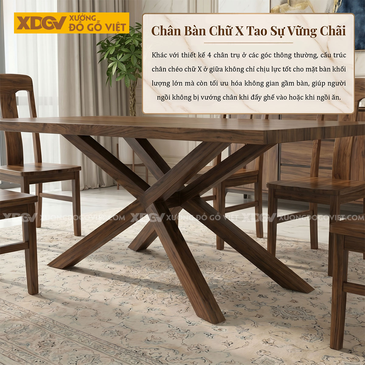 Bộ Bàn Ăn Gỗ Óc Chó Hiện Đại Thiết Kế Chân Đan Chéo Độc Đáo
