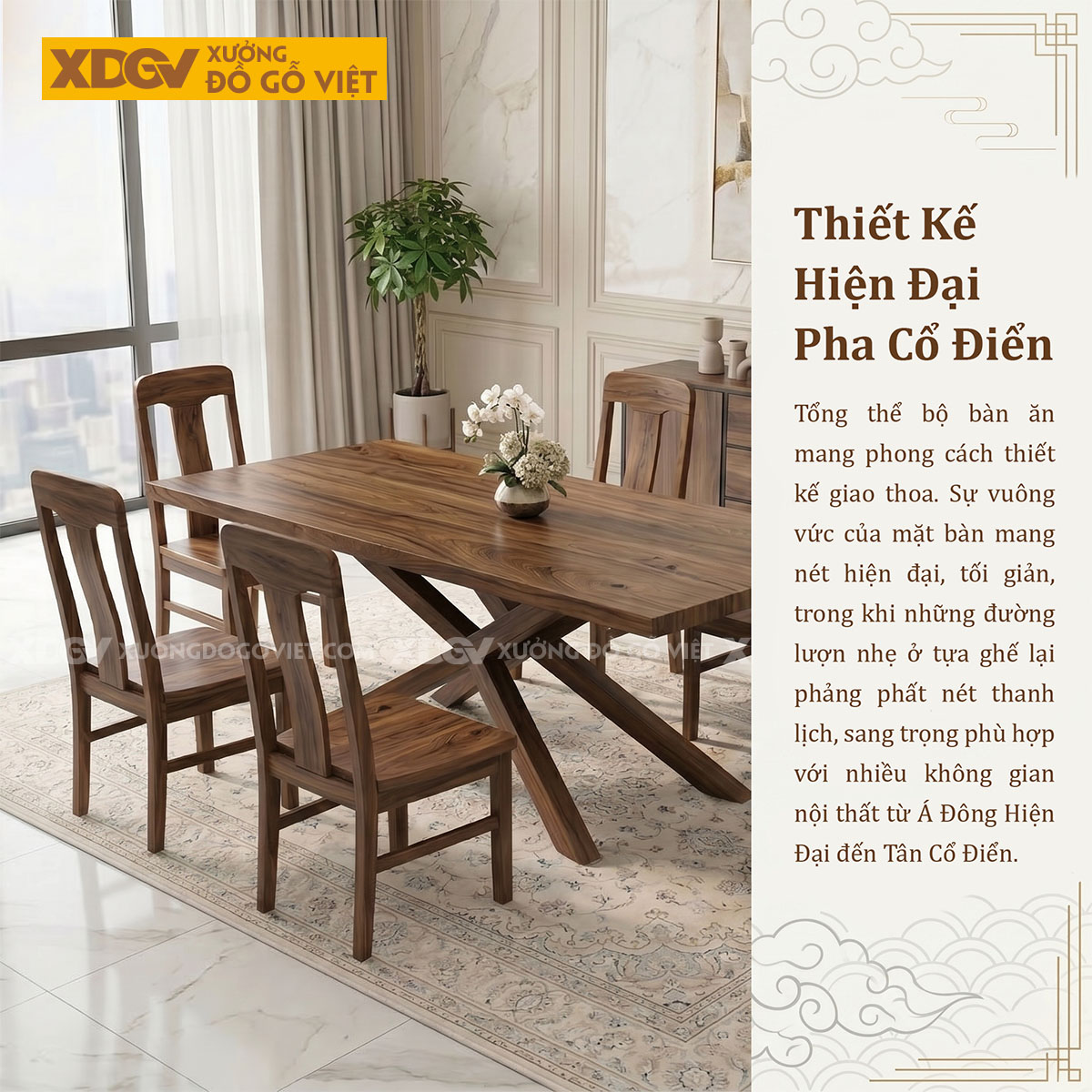 Bộ Bàn Ăn Gỗ Óc Chó Hiện Đại Thiết Kế Chân Đan Chéo Độc Đáo