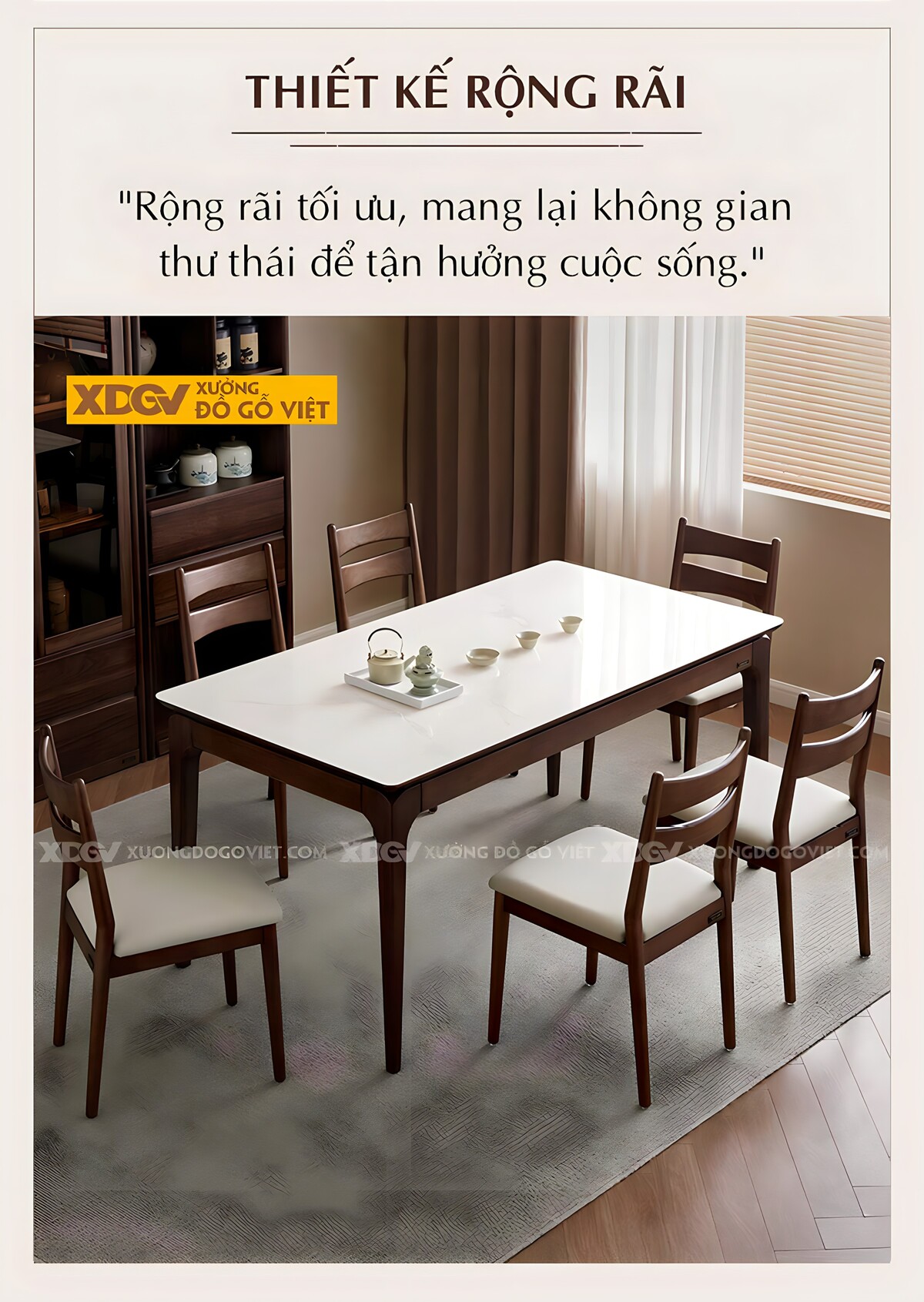 Bộ Bàn Ăn Gỗ Óc Chó Mặt Đá Trắng Hiện Đại Ghế Bọc Nệm