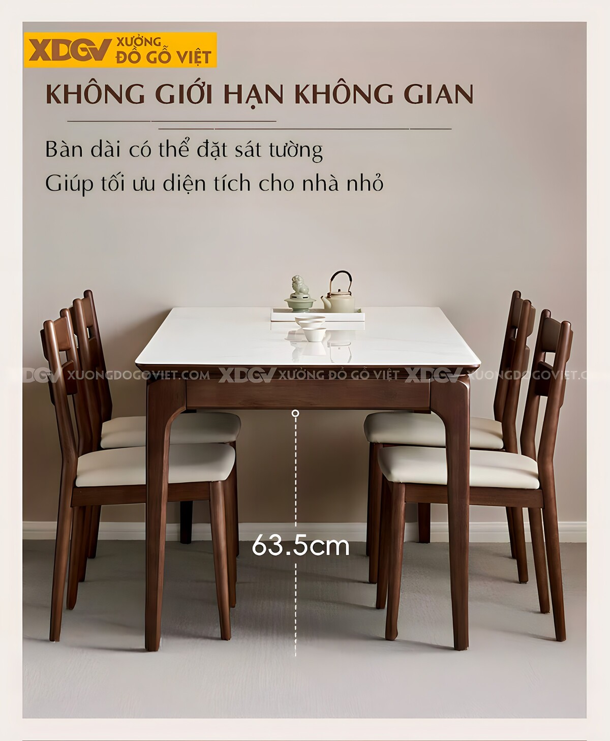 Bộ Bàn Ăn Gỗ Óc Chó Mặt Đá Trắng Hiện Đại Ghế Bọc Nệm