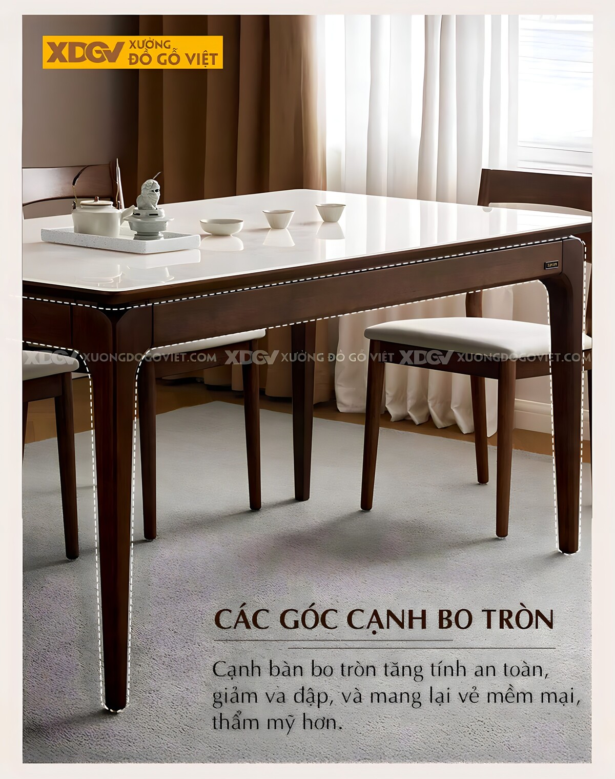 Bộ Bàn Ăn Gỗ Óc Chó Mặt Đá Trắng Hiện Đại Ghế Bọc Nệm