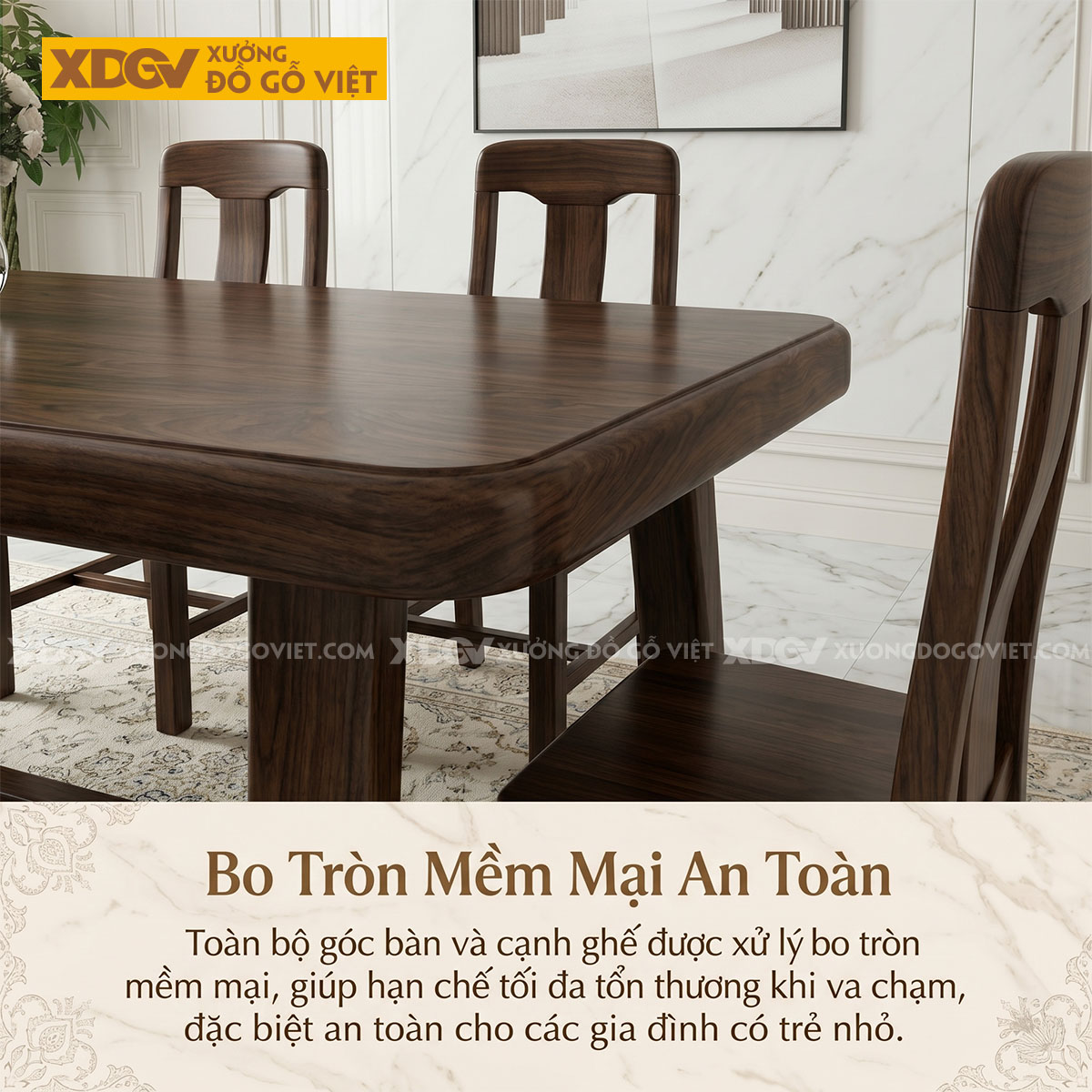 Bộ Bàn Ăn Gỗ Óc Chó Tròn Cạnh Chân Chữ U Bo Cong Cách Điệu