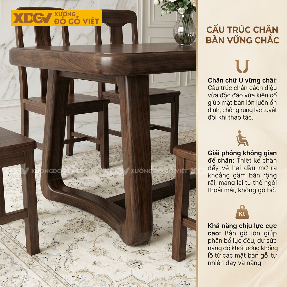 Bộ Bàn Ăn Gỗ Óc Chó Tròn Cạnh Chân Chữ U Bo Cong Cách Điệu