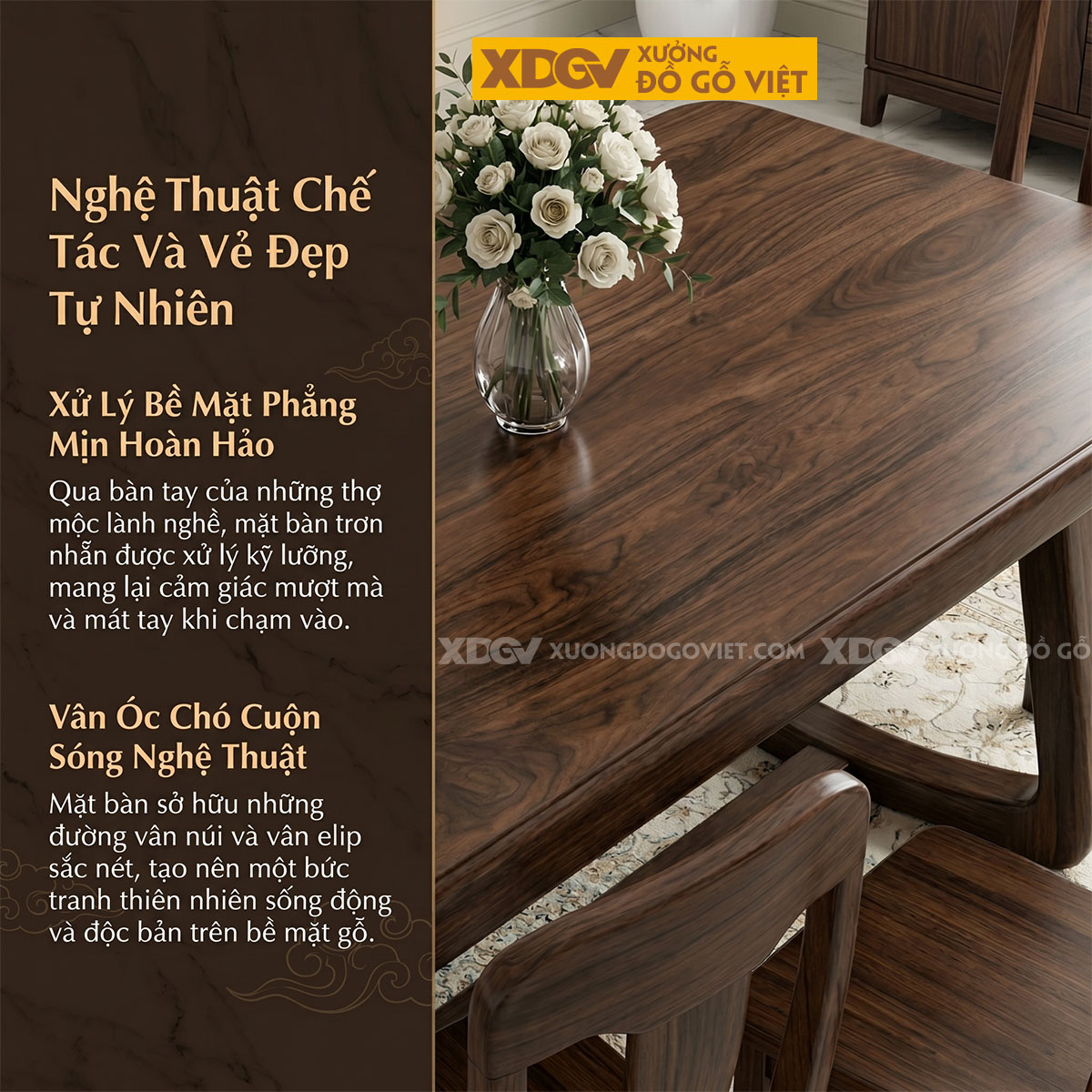 Bộ Bàn Ăn Gỗ Óc Chó Tròn Cạnh Chân Chữ U Bo Cong Cách Điệu
