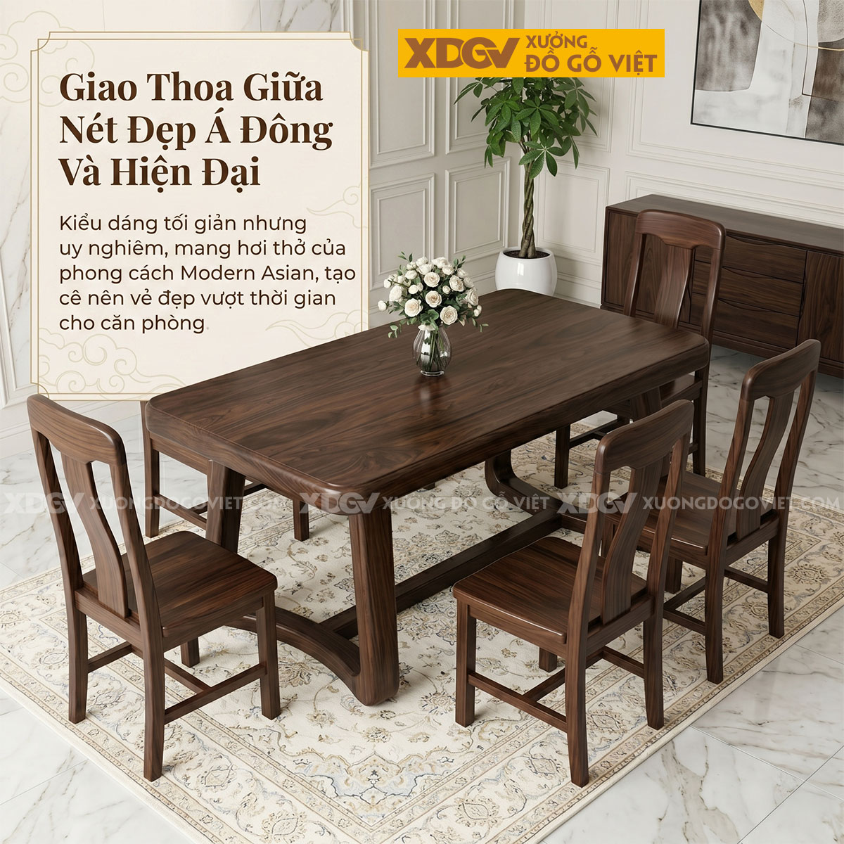Bộ Bàn Ăn Gỗ Óc Chó Tròn Cạnh Chân Chữ U Bo Cong Cách Điệu
