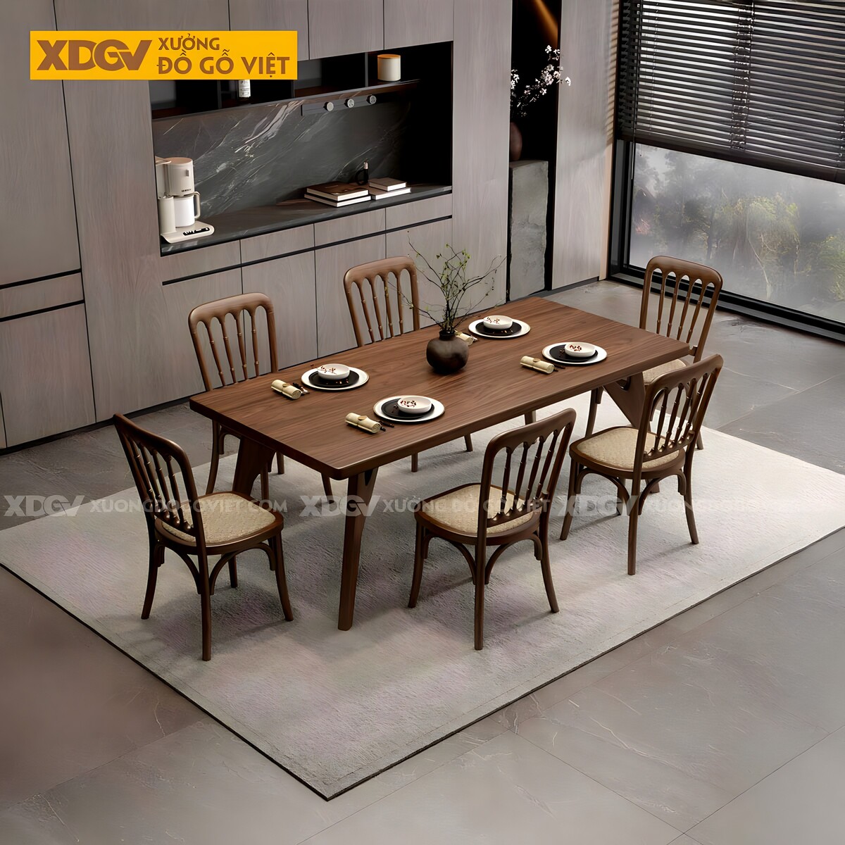 Bộ Bàn Ăn Gỗ Óc Chó Tự Nhiên Chân Chữ Y Ghế Đan Mây