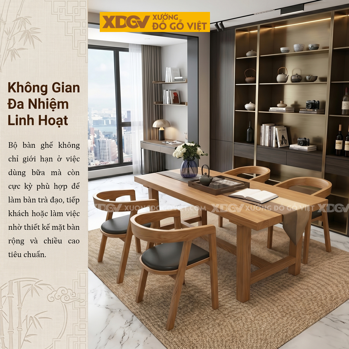 Bộ Bàn Ăn Gỗ Sồi 4 Ghế Phong Cách Zen Ấn Tượng