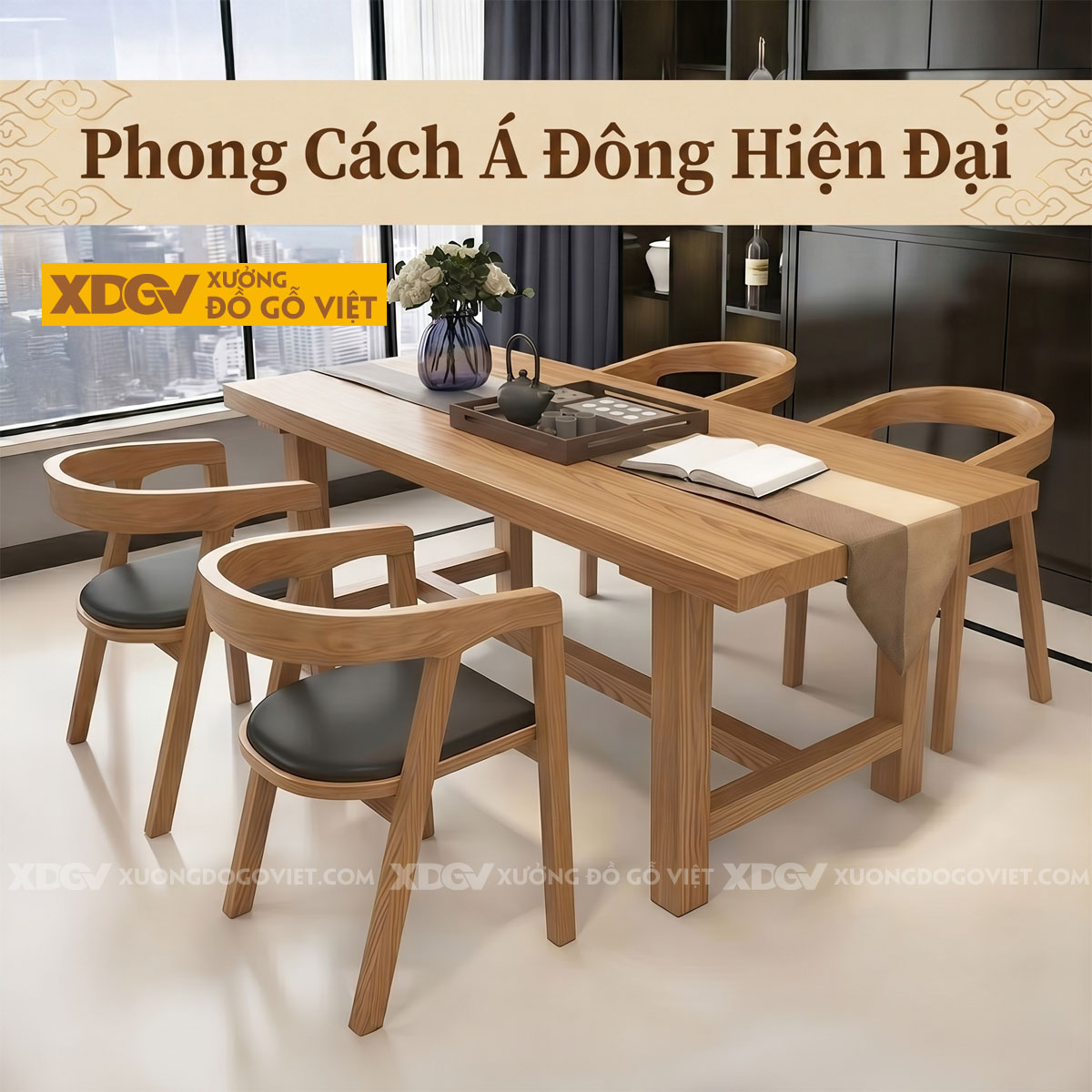Bộ Bàn Ăn Gỗ Sồi 4 Ghế Phong Cách Zen Ấn Tượng