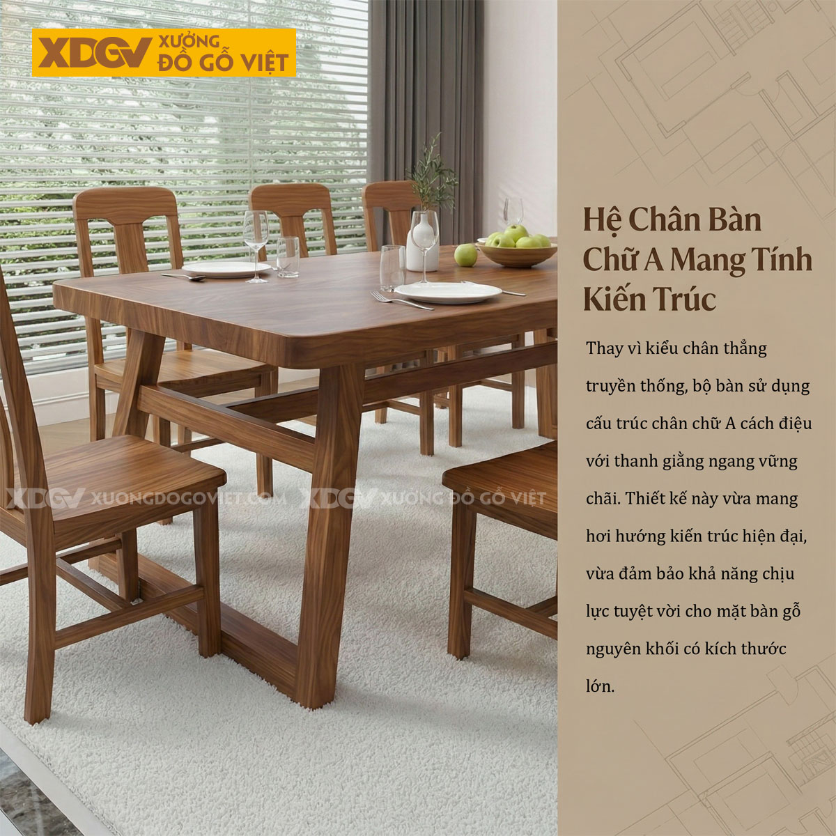 Bộ Bàn Ăn Gỗ Sồi Chân Chữ A Ghế Tựa Lưng Cao Hiện Đại