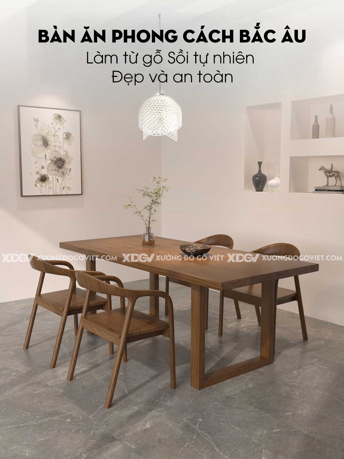 Bộ Bàn Ăn Gỗ Sồi Hiện Đại Bắc Âu Tối Giản Chân U Độc Đáo