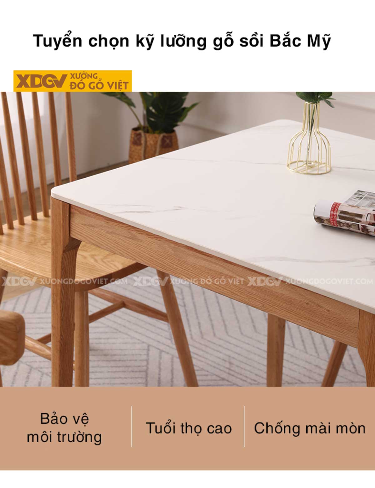 Bộ Bàn Ăn Gỗ Sồi Mặt Đá Vuông Trắng Bắc Âu Ghế Thanh Nan