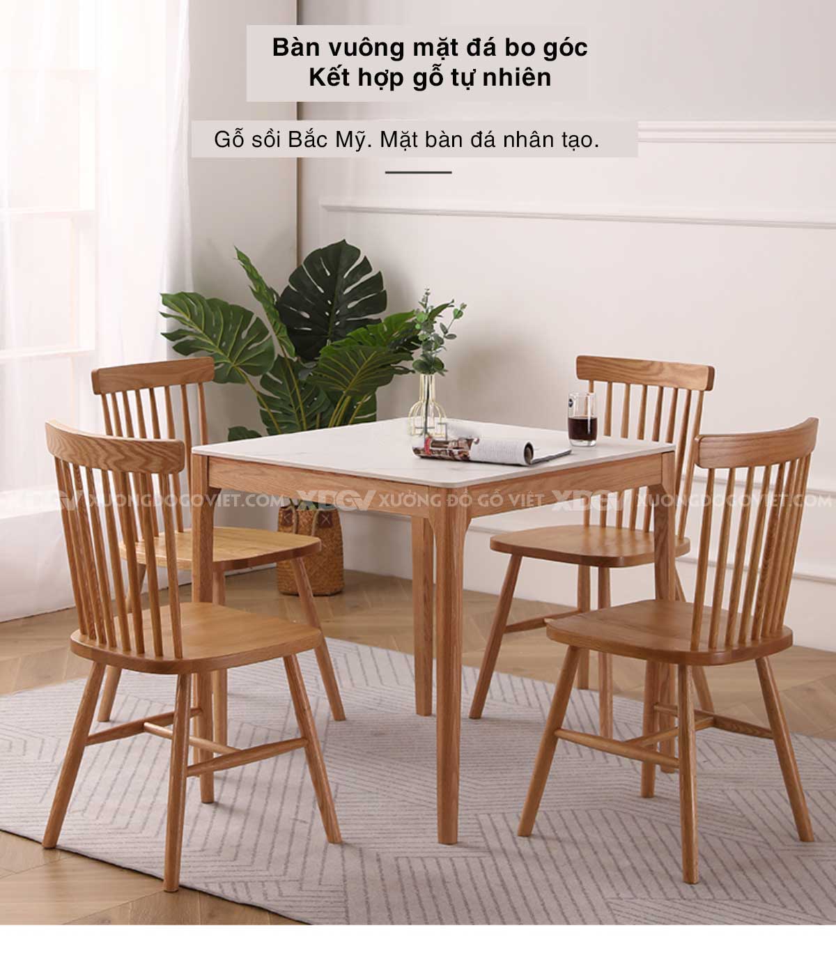 Bộ Bàn Ăn Gỗ Sồi Mặt Đá Vuông Trắng Bắc Âu Ghế Thanh Nan