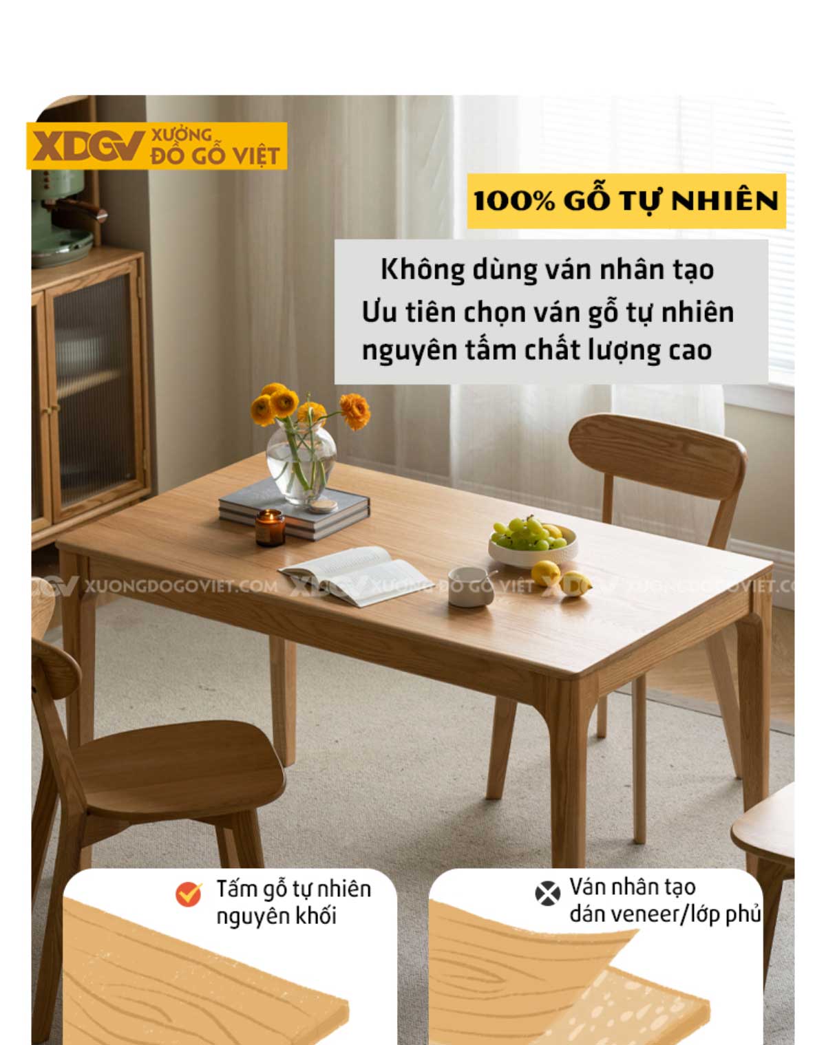 Bộ Bàn Ăn Gỗ Sồi Mỹ 4 Ghế Phong Cách Bắc Âu Kết Hợp Nhật Bản