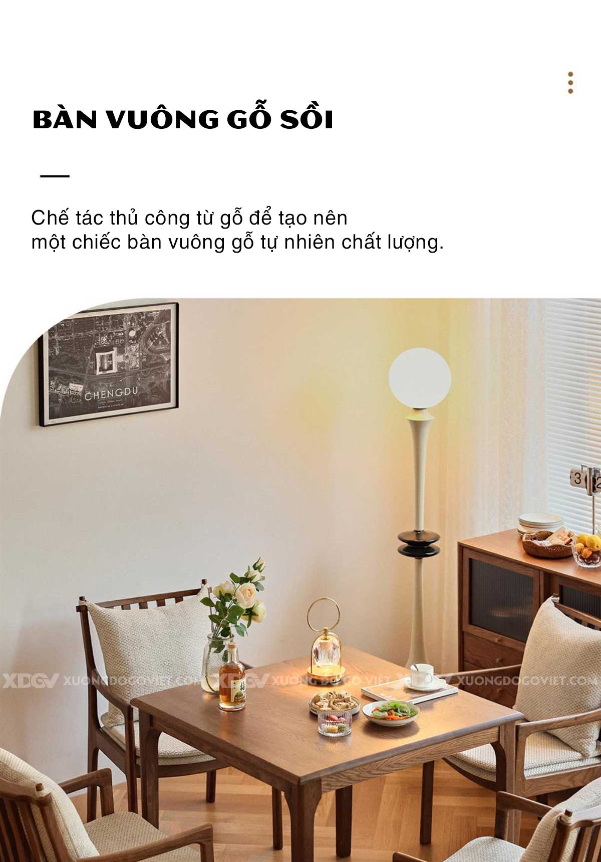 Bộ Bàn Ăn Gỗ Sồi Mỹ Nhỏ Dáng Vuông Ghế Lưng Song Japandi