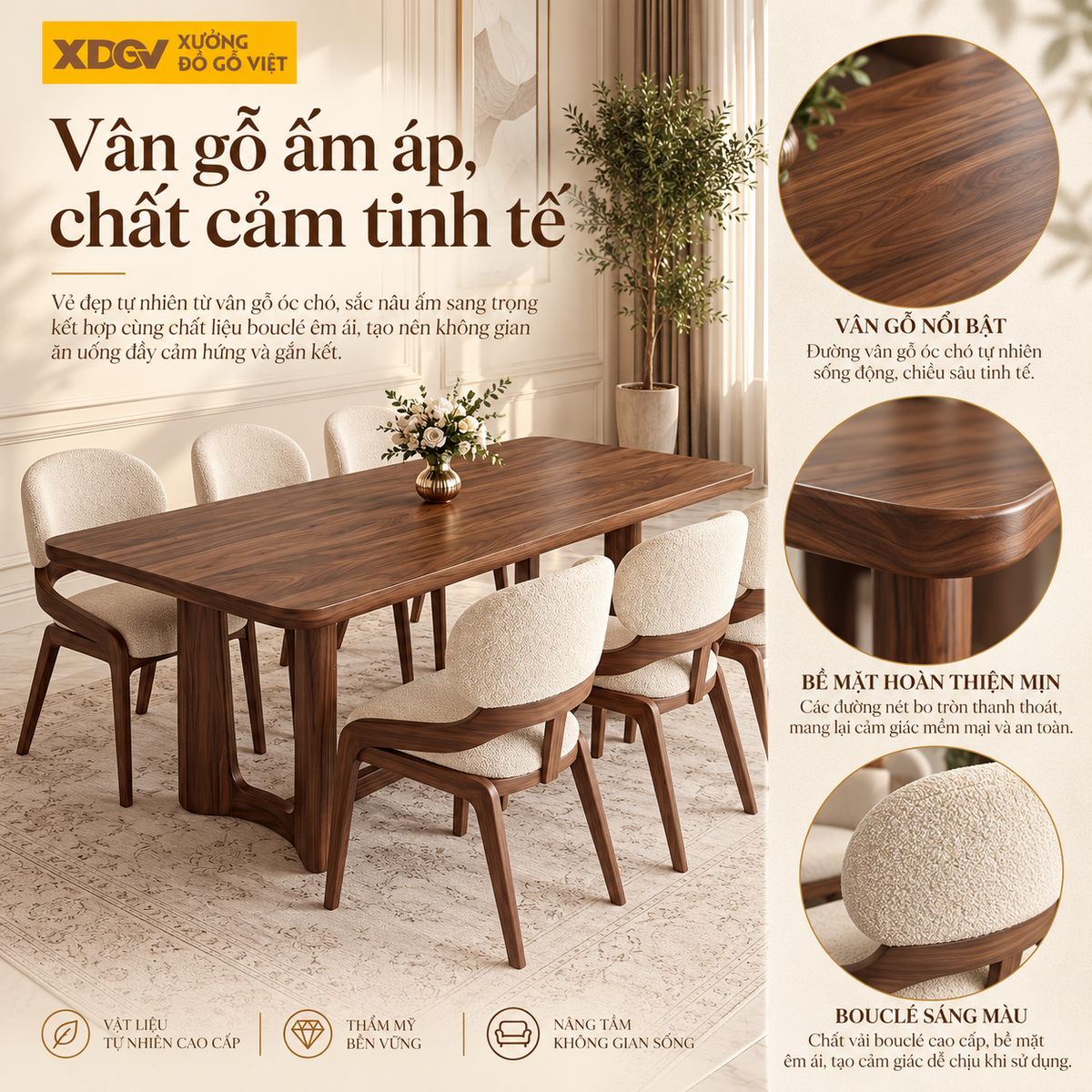 Bộ Bàn Ăn Nhà Bếp Gỗ Óc Chó 100% 6 Ghế Bọc Nệm Sang Trọng