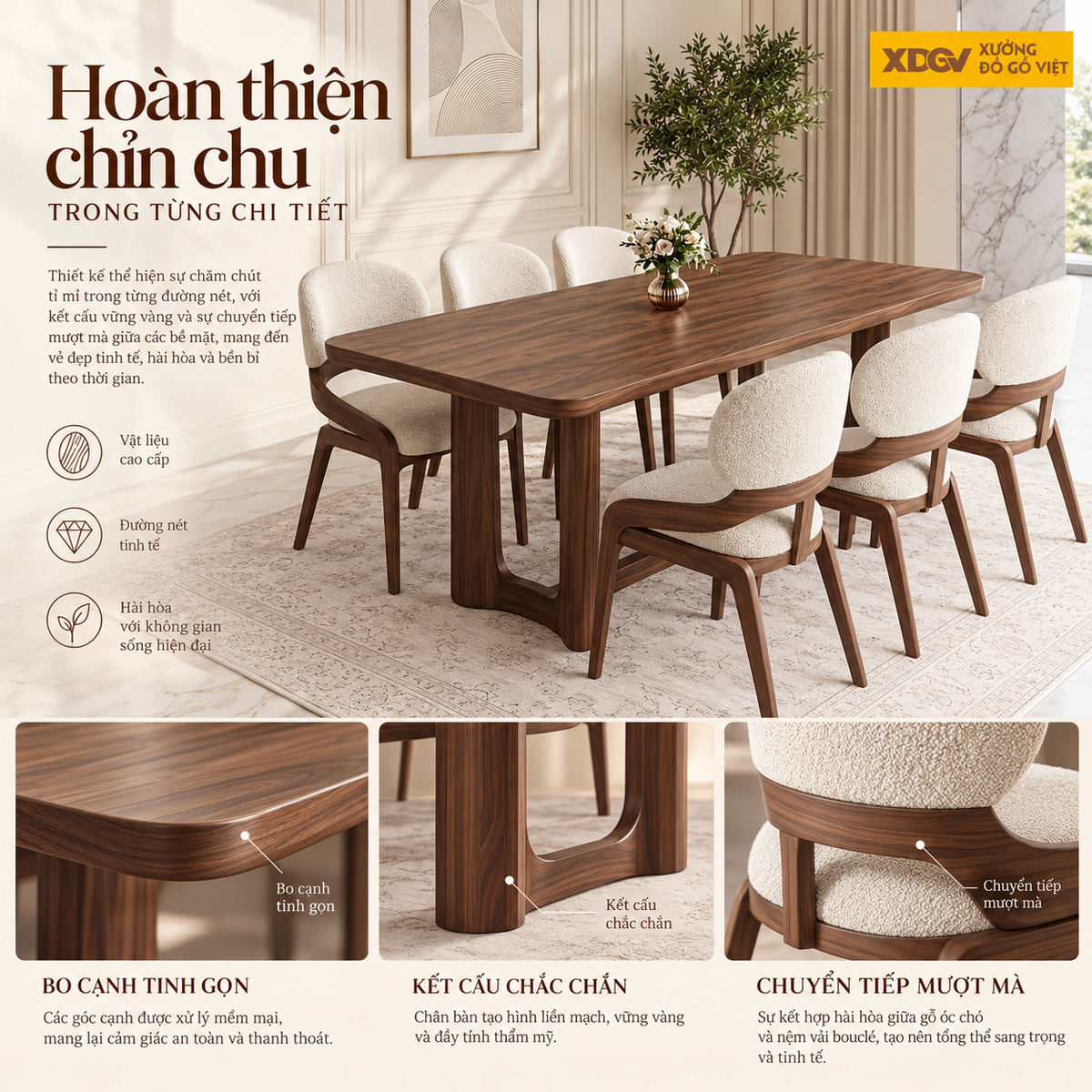 Bộ Bàn Ăn Nhà Bếp Gỗ Óc Chó 100% 6 Ghế Bọc Nệm Sang Trọng