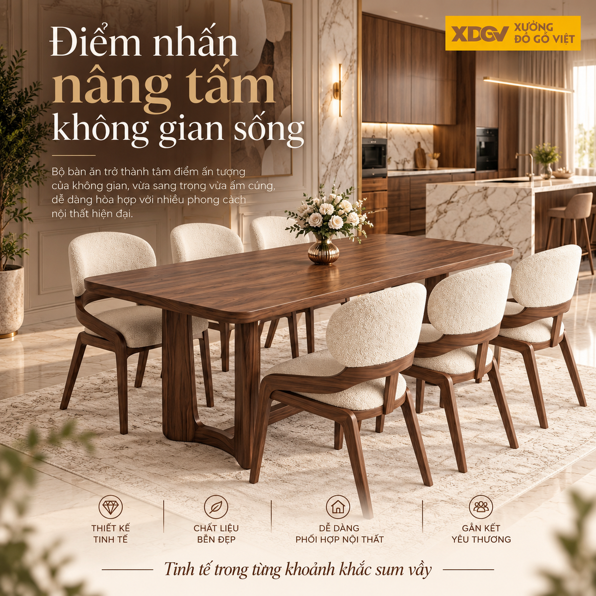 Bộ Bàn Ăn Nhà Bếp Gỗ Óc Chó 100% 6 Ghế Bọc Nệm Sang Trọng